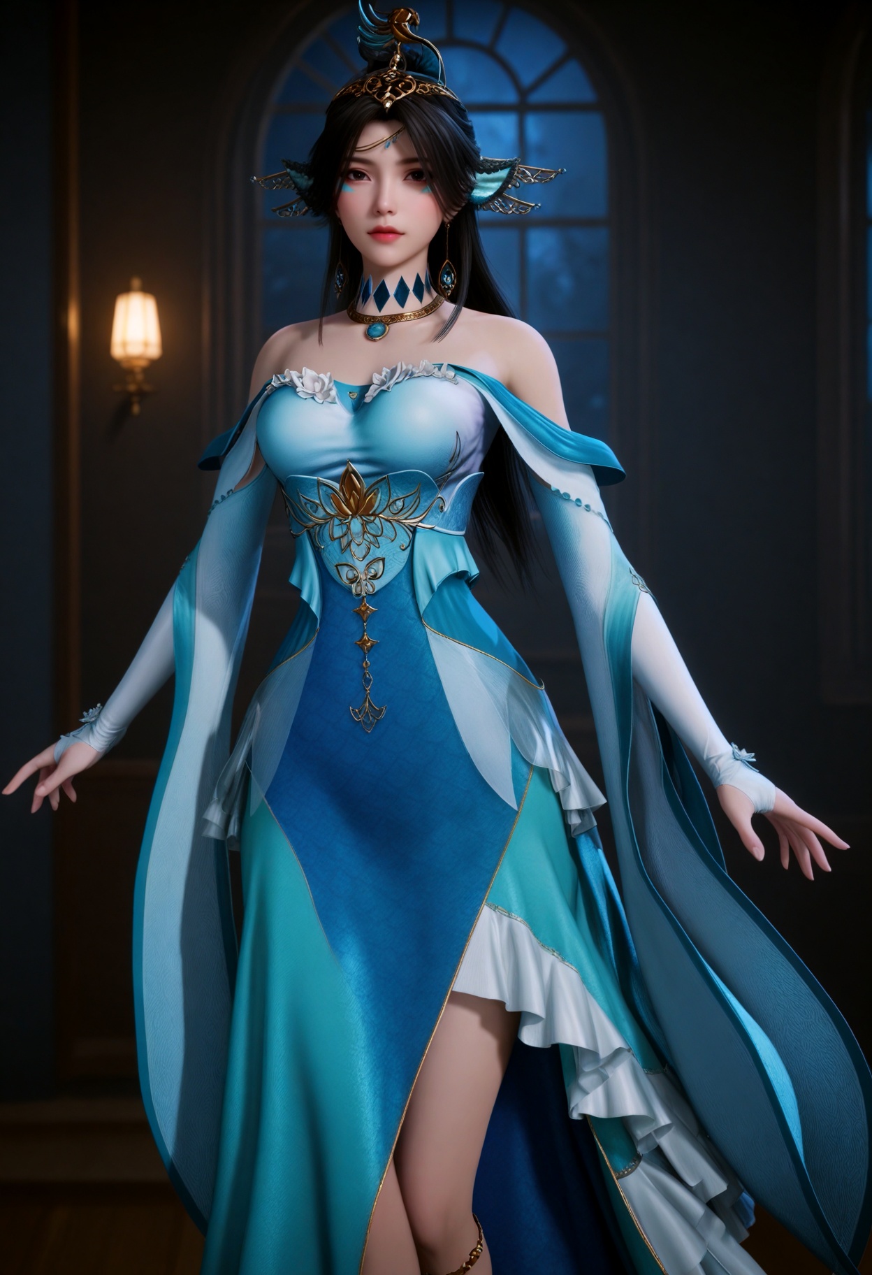 upper_body,(gigantic breasts:0.6),(slender:1.3),(looking_at_viewer:1.1),(masterpiece:1.1),(best quality:1.2),(intricate details),(smog:1.3),(Dark room:1.3),(dim lighting:1.3),<lora:YQ_Illustrious光辉v5_碧波仙子_V1:0.8>,(q1528437228:1.3),1girl,solo,jewelry,black_hair,long_hair,hair_ornament,bare_shoulders,dress,necklace,blue_dress,earrings,animal_ears,anklet,brown_hair,long_sleeves,blue_hair,detached_sleeves,gem,head_fins,crown,elbow_gloves,feathers,frills,masterpiece,(best quality),(intricate details:0.9) BREAK (intricate details:0.9),(realistic skin:1.2),masterpiece,best quality,newest,absurdres,hiahres,