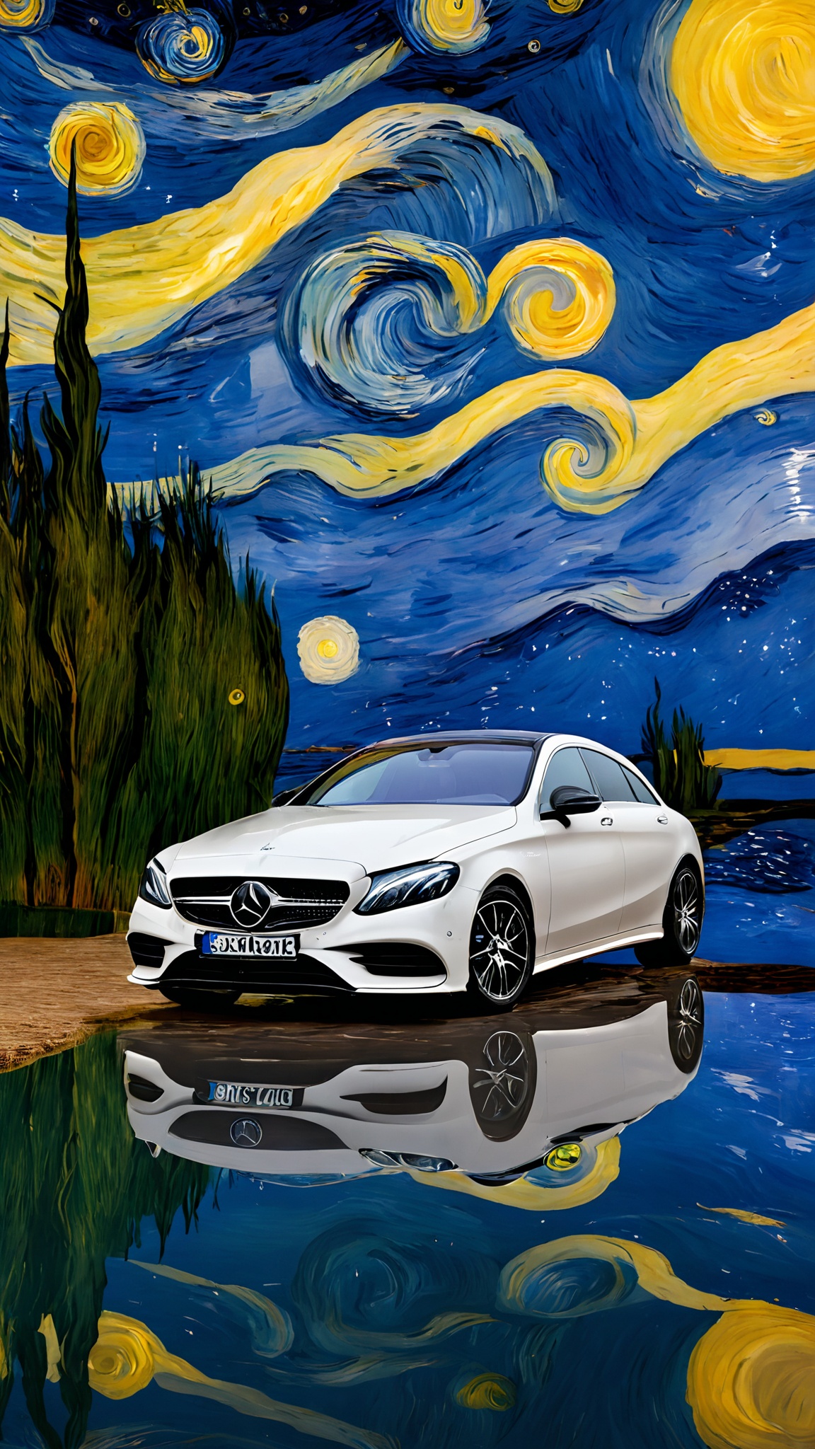 jistarrynight,product photograph,C-class sports cars,automotive product photography,(A Mercedes Benz is displayed on a lake),van Gogh,<lora:jistarrynight V1.0:1>,
