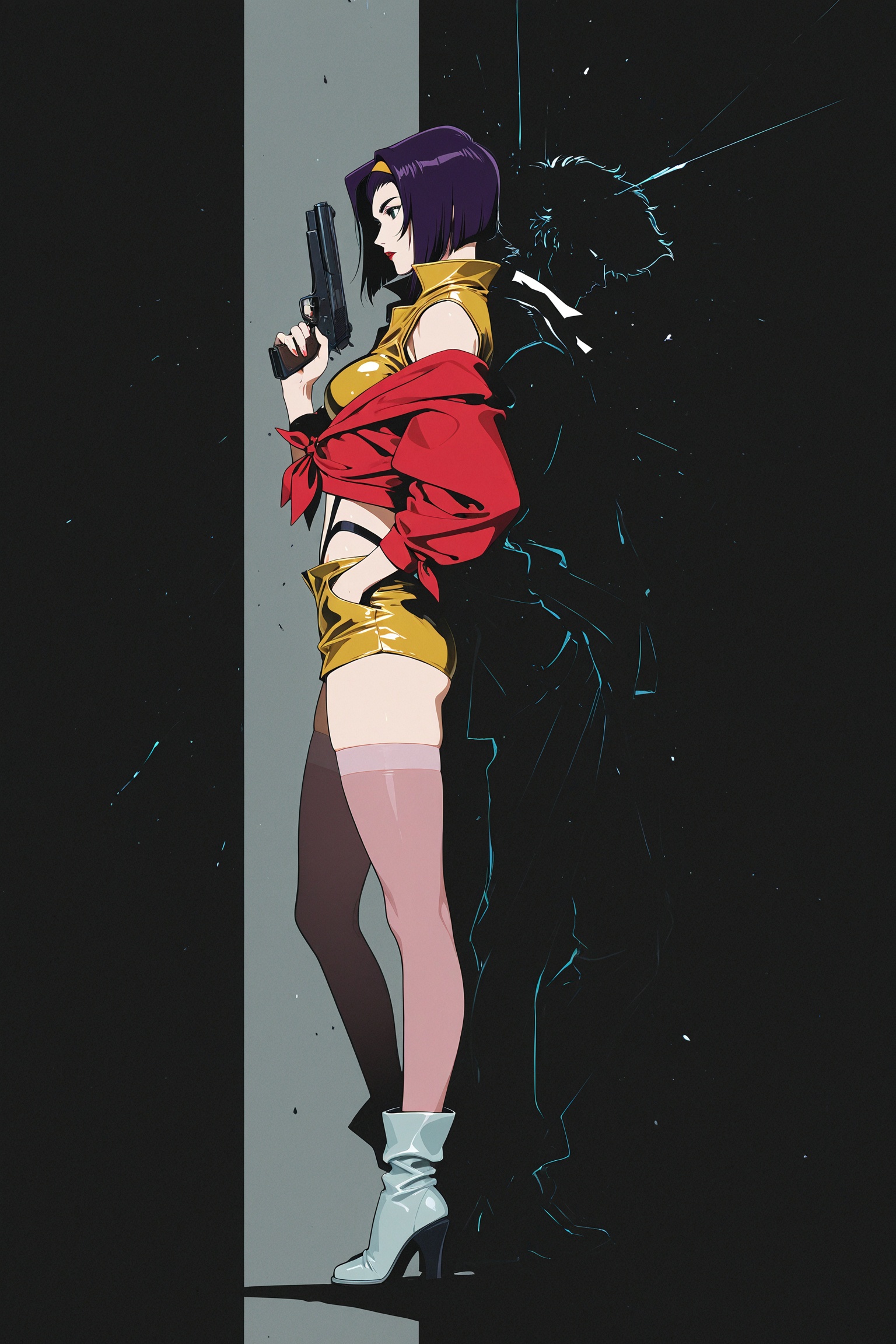 masterpiece, best quality, official art, concept art, black background with a minimalist design, lots of negative space, bright atmosphere, delicate anime-style illustration, Rough feeling, strong outlines, adventurous spirit, great part of the story, cowboy bebop, spike spiegel, two-tone background, vivid colors, minimalistic, solid color, no texture, outside border, cinematic angle, official art, official wallpaper, from side, hand in my pocket, faye valentine, back to back, holding gun,