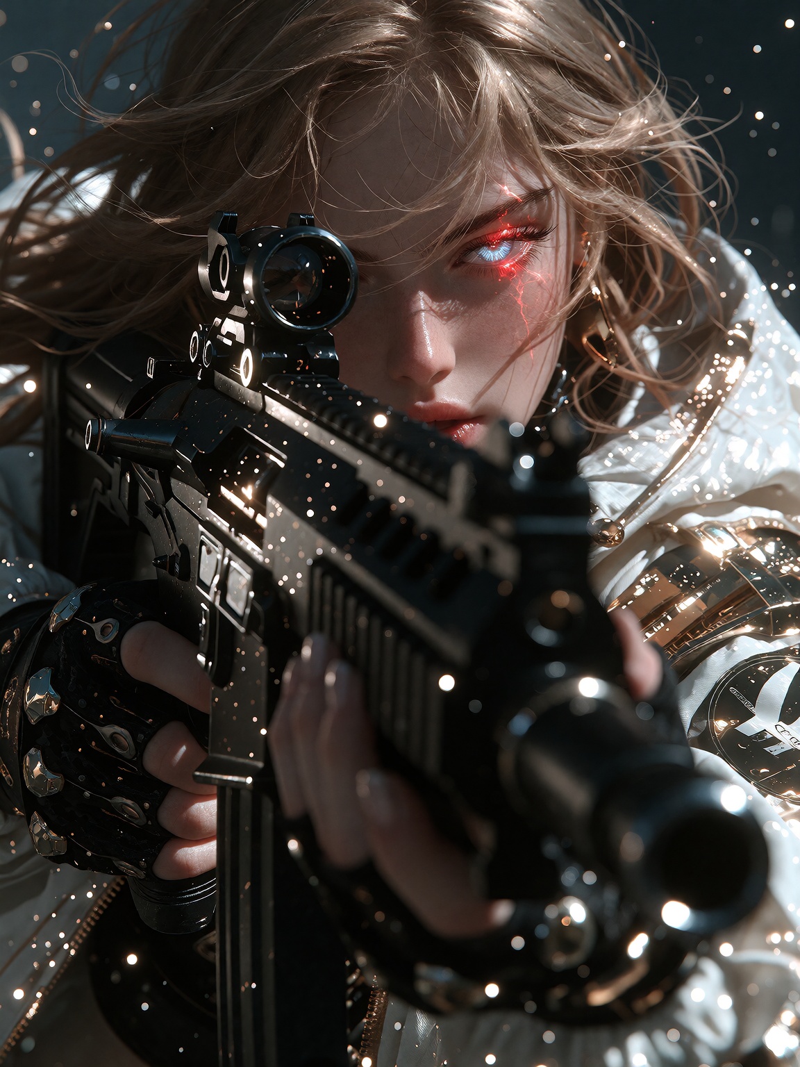 an intense dynamic scene featuring a female character with glowing blue eyes and long brown hair. She holds a large futuri...