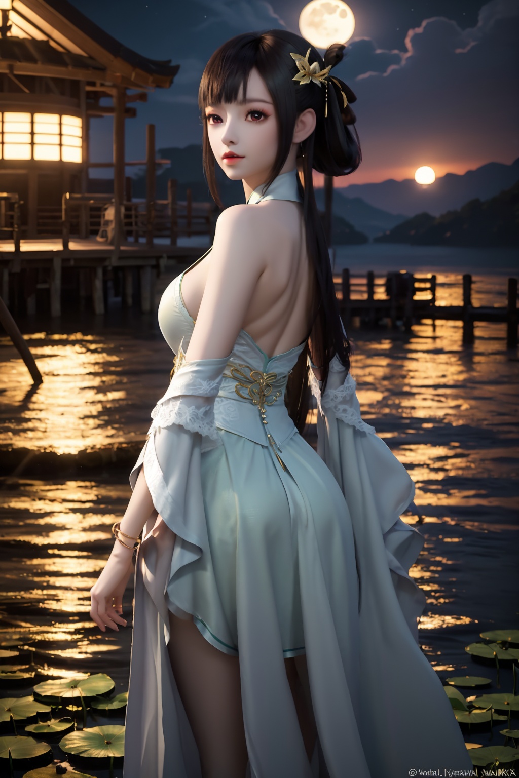 standing,dress,chinese clothes,flower,full_moon,moon,night,lily_pad,lotus,moonlight,nipples,water,night_sky,lily_\(flower\),sky,partially_submerged,1girl,solo,hair ornament,long hair,realistic,nail polish,photo_\(medium\),(large breasts,cleavage),makeup,(8k, RAW photo, best quality, masterpiece:1.2),(realistic, photorealistic:1.3),ultra-detailed,extremely detailed cg 8k wallpaper,(crystalstexture skin:1.2),extremely delicate and beautiful,(sexy pose:1.2),ass,from behind,(looking back:1.5),bent over,hair ornament,