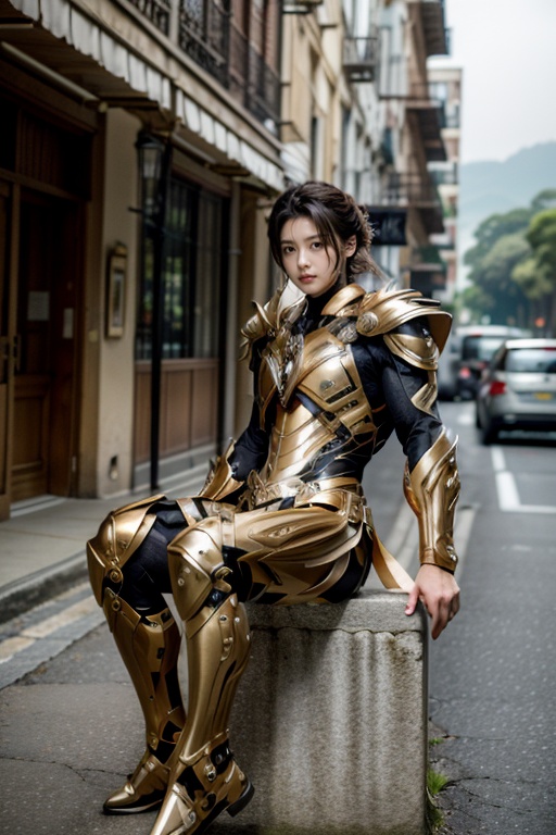 <lora:Hxarmour_00703:0.7>,Leaning back,hxarmour,1[girl|man],(light brown armour:1.3),Hidden Valley Hectic Street Life,Marine Sanctuary,