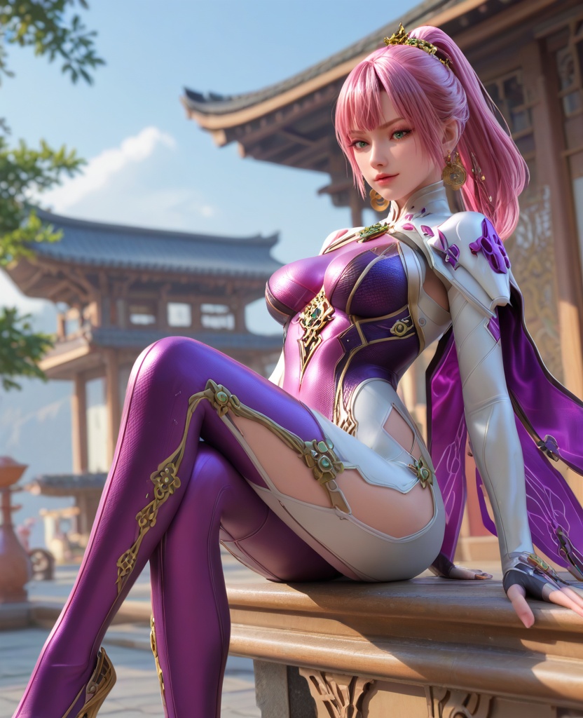 (oriental architecture, elegant decor, sophisticated style:1.1),(arching her back:1.1),(breasts:1.2),<lora:XL16穿越火线步练师潜伏者:0.95>,miss bulianshiq,bodysuit,green eyes,eyeshadow,pink hair,ponytail,earrings,jewelry,hair ornament,fingerless gloves,skin tight,purple high heels,purple and white openwork catsuit,, score_9,score_8_up,score_7_up,score_6_up,score_5_up,score_4_up,3d rendering,tag1,tag2, Cinematic Lighting,backlighting,, zPDXL3, zPDXL2,zPDXL, zPDXLxxx, zPDXLrl,