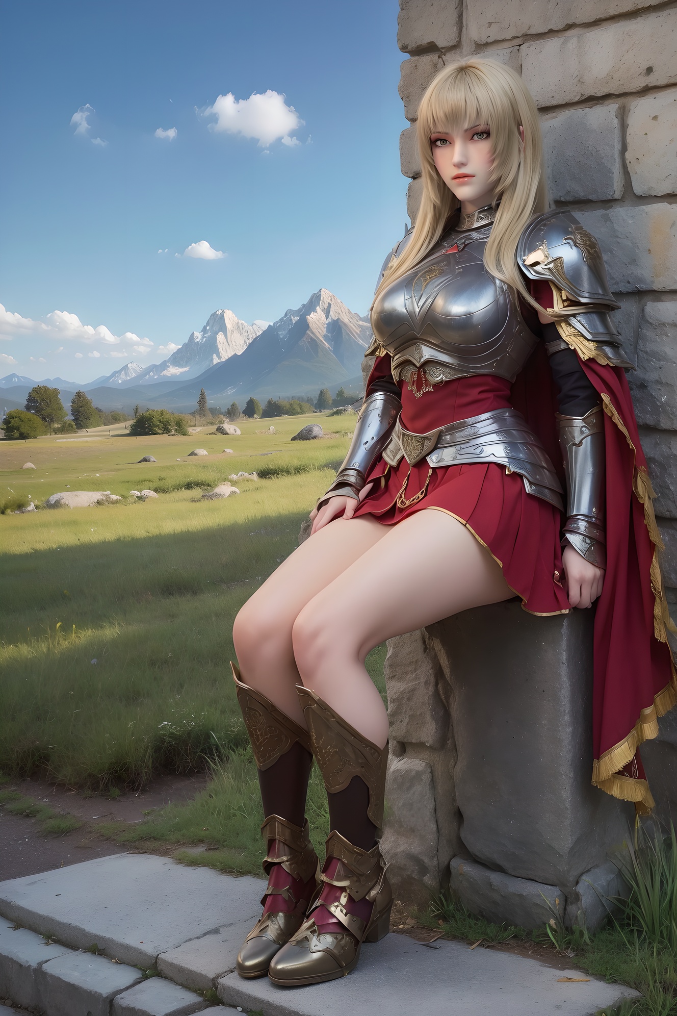 ultra realistic 8k cg, picture-perfect face, perfect face, beautiful face,perfect artwork, masterpiece,fantasy, detailed background, realistic,perfect female body,curvy body,skindentation:1.3,glowing eyes,intricate detail,  cowboy shot, <lora:TianShiYan:0.5>1girl, sitting, (blonde hair), solo, mountain, sky, cape, brunette, long hair, rocks, sky, (armor clothes: 1.5), a woman in a red dress sits on a stone wall with a mountain in the background , the foreground is a flag, (full body shot: 1.7), (skirt), (thigh), (high heels), (normal proportion: 1.3), (normal body), (balance), ((sitting)), (bangs)