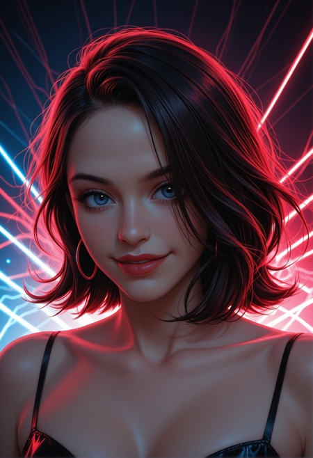a gorgeous woman Cold Lighting, Delighted, Primary Colors, electric red outlines, she has Dark hair, very, dynamic dramatic beautiful full taking, cool colors, beautiful elegant, vibrant, ambient background, neon background, __reijsspicyaccentsP1__, __reijslegposes_