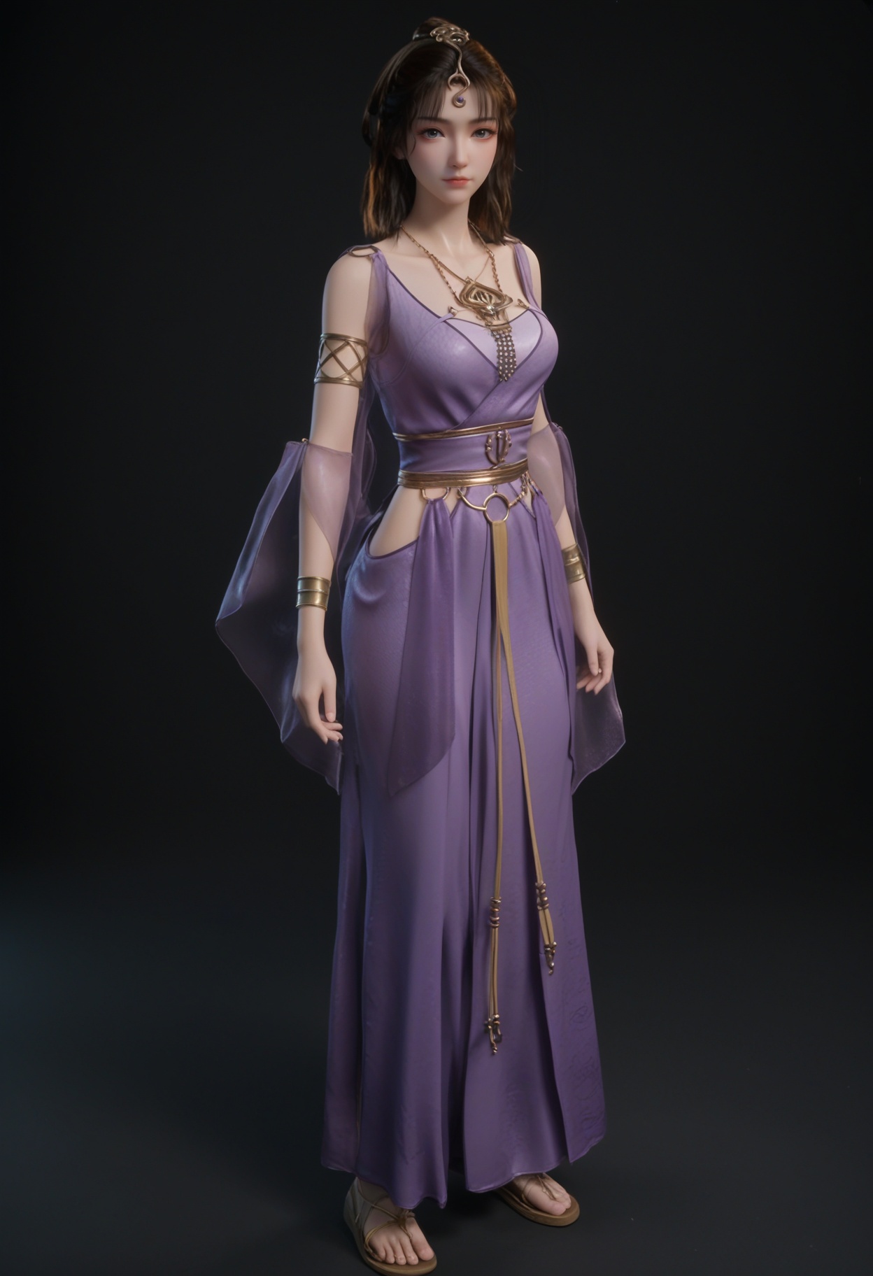 (cowboy shot:1.2),score_9,score_8_up,masterpiece,(best quality),intricate details,facing viewer,(looking at viewer:1.1),<lora:YQ_pony_wensiyue_V4:0.8>,q1528437228,1girl,solo,jewelry,blue dress,dress,purple dress,necklace,brown hair,long hair,black hair,hair ornament,bracelet,armlet,brown eyes,sandals,ponytail,sash,black eyes,blue eyes,BREAKscore_9,score_8_up,masterpiece,(best quality),perfect anatomy,(hourglass),perfect face,(simple background,pure black background,black background:1.1),fair_skin,shiny_skin,Ivory_skin,