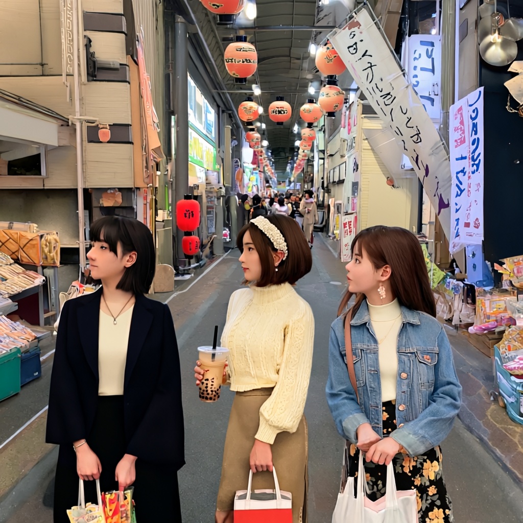 tenjinbashisuji shopping street,  3girls,  multiple girls on Tensor.Art