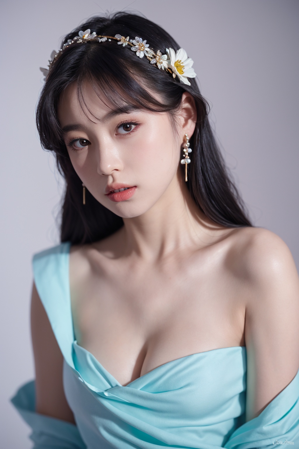 1girl, solo,(front view:1.2),(looking_at_viewer:1.4),(eye-contact:1.4),,black hair, long hair, jewelry, realistic, earrings, hair ornament, black eyes, lips, collarbone, parted lips, flower, watermark, upper body, portrait, hair flower, dress, web address,  <lora:YG红颜阁美女14:0.9>,