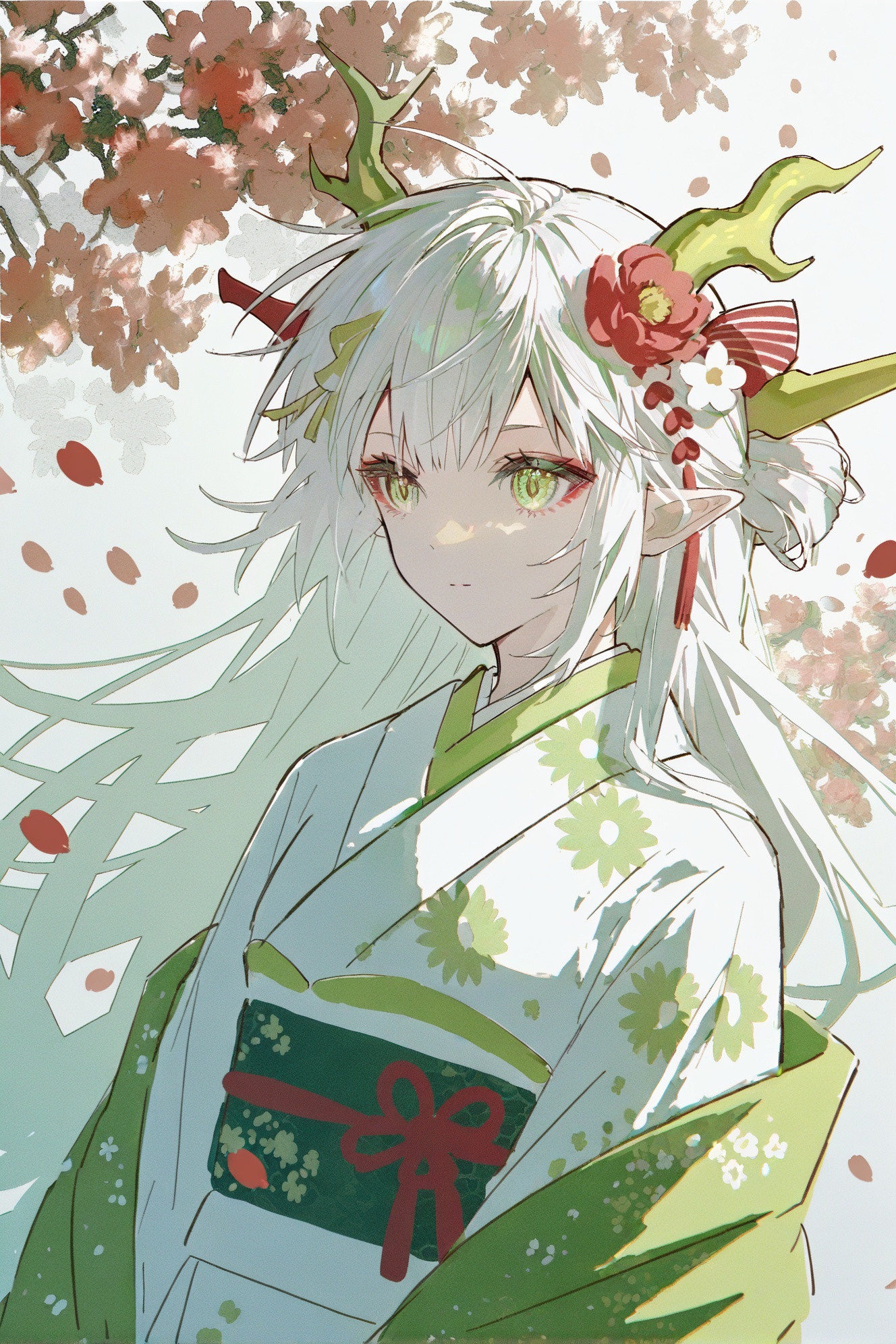 kinokohime, 1girl, solo, japanese clothes, kimono, pointy ears, flower, horns, long hair, green eyes, hair ornament, floral print, hair flower, dragon horns, upper body, white kimono, white hair, red flower, petals, dragon girl, year of the dragon, print kimono, 2026, sash, obi