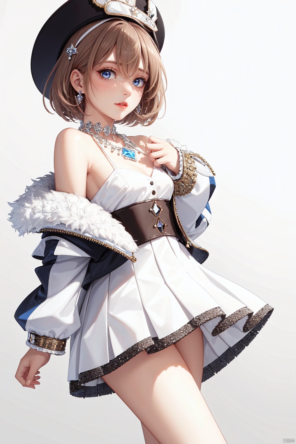 realistic style, cinematic work, 8k wallpaper, masterpiece, very realistic quality, best quality, masterpiece, high-level, high-resolution,,,edge lighting, dual tone lighting, soft lighting, the illuminated surface of the material has bright spots and highlights, which flicker and have a mirror effect when reflected, there are sparkling spots on the armor,,,1 girl, mature female, solo, full body, looking at viewer, lace, strong rim light, standard proportion of female body, golden proportion of female body,,,standing, standing posture, sexy full body standing posture,,,,(hdn301, cowboy lens,1girl, blue eyes, hair between eyes, short hair, brown hair, white headwear, bangs, blush,bare shoulders, dress, long sleeves, fur trim, hat, shoes, white dress, bare legs, short dress, spaghetti strap, ribbon, wide sleeves, off shoulder, open clothes, ankle ribbon, jacket, frilled hat, frills, cross-laced clothes, leg ribbon, buttons, small breasts, dot nose, open jacket, breasts, sleeve cuffs, sleeves past wrists, white ribbon, tareme, pleated dress, coat, pom pom, platform footwear, white jacket, blue ribbon,:1.2),,bare shoulders, off shoulder, black hairband, bikini bottom only, short dress, swimsuit, pleated dress, bikini, floating hair, blush, ass visible through thighs, skirt,white high-heeled shoes,:1.2),,,colorful,(detailed skin: 1.3), (detailed face: 1.3),clear focus,delicate,(mature women: 1.2),(glossy skin+glossy skin: 1.4),(sweating: 1.1),(big_eyes),red_ eyeshadow,long_ eyelashes, red lips,,,simple background, grey background,,,(diamond hair accessories, diamond necklaces, diamond earrings, diamond earrings, clothes embedded with diamonds, armor embedded with diamonds,:1.3)<lora:EMS-325509-EMS:0.280000>