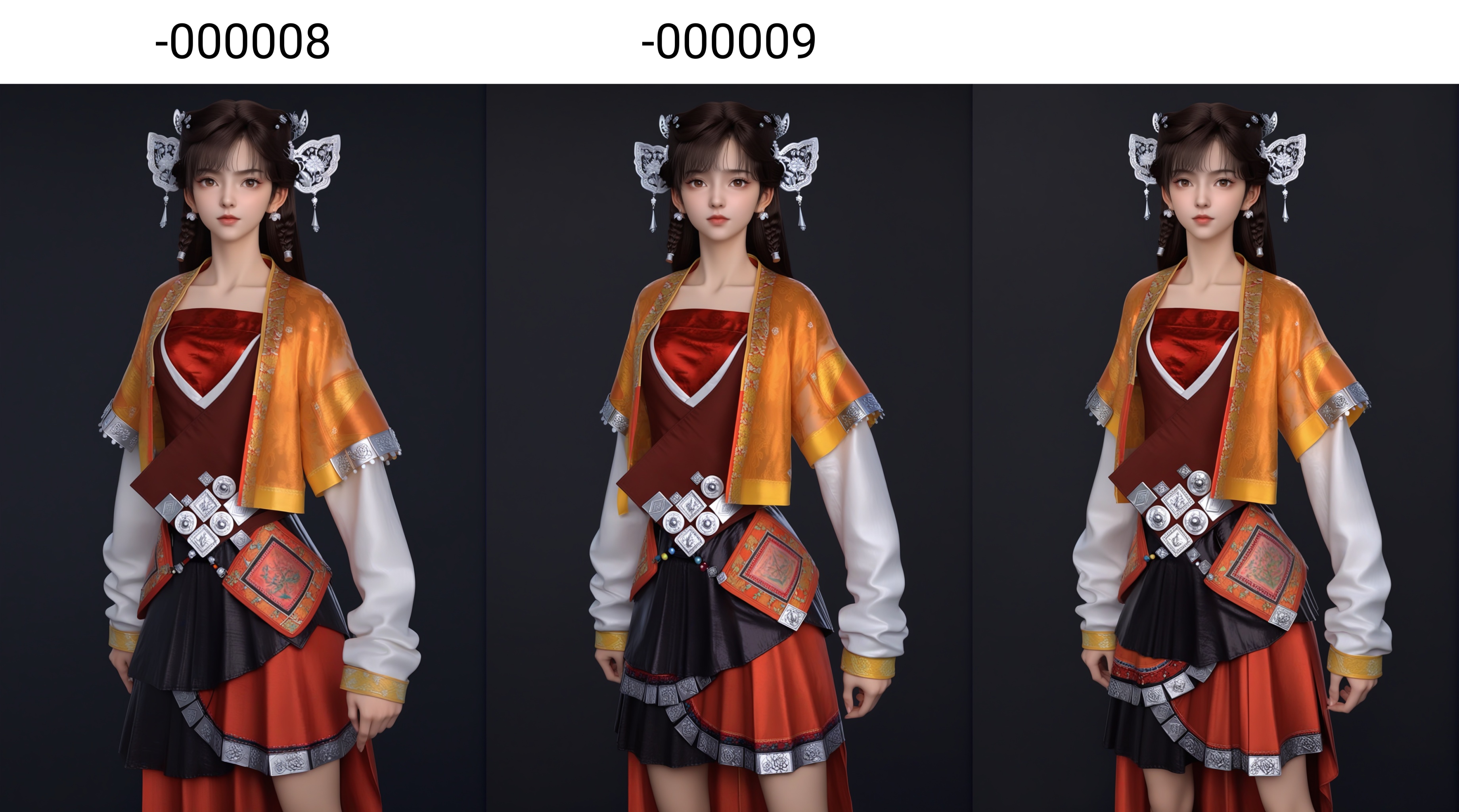 (score_9),xuejian,<lora:雪见-pony-000008:0.85>,1girl,solo,dangling tassels,filigree design,butterfly-shaped hairpiece,silver hairpins,hair ornament,dark brown hair,pearl beads,pearl earrings,twin braids,long hair,light blush,brown eyes,layered_dress,short jacket,red tube top,puffed sleeves,white inner sleeves,waist belt,embroidered cuffs,red skirt,traditional chinese footwear,standing,(pleated skirt),black skirt,red long_skirt,black short_skirt,collarbone,looking at viewer,front view,pose,(ready_to_draw),BREAK<lora:e肤色滑块:0.6>,(white_skin:1.1),(fair_skin:1.1),realistic,<lora:皮肤凹痕:1.2>,simple background,black background,