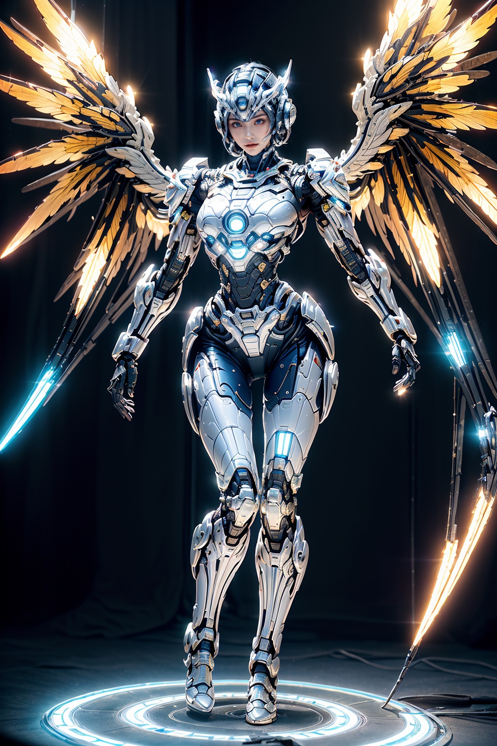 masterpiece,best quality,(highly detailed),1girl,cyborg,(full body:1.3),day light,bright light,wide angle,white background,<lora:hjyrobo5-000010:0.75>,complex body,shining sparks,(three times overlap big  machinery wings:1.2),silvery,sleek,studio light,(stand on shining blue light circle Science Fiction Portal:1.2),White semi transparent gauze background,