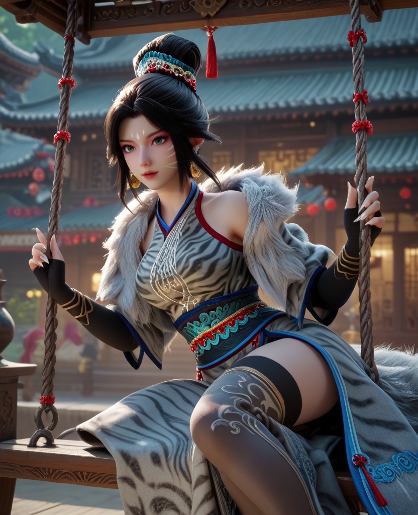 (oriental architecture, elegant decor, sophisticated style:1.1),(Sitting on a swing, leaning forward, showing playfulness and joy,:1.1),(breasts:1.2),<lora:XL16牧神记白虎堂:0.95>,1girl,white fur coat with leopard print,(facepaint:1.2),green eyes,black hair,single hair bun,black gloves,sharp fingernails,sash,(thighhighs:1.2),earrings,, score_9,score_8_up,score_7_up,score_6_up,score_5_up,score_4_up,3d rendering,tag1,tag2, Cinematic Lighting,backlighting,