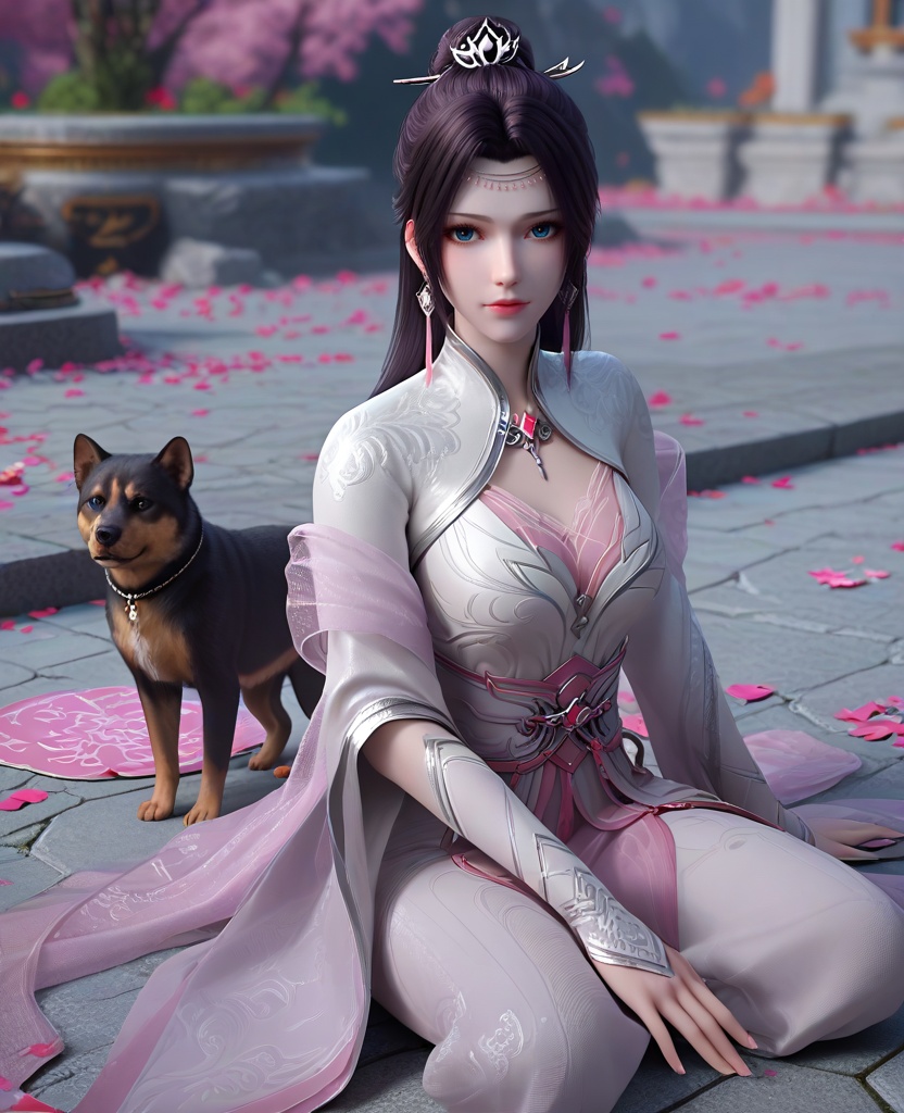 (oriental architecture, elegant decor, sophisticated style:1.1),(sitting on the ground, hugging a oversized dog:1.1),looking at viewer,(breasts:1.2),<lora:XL16斗破苍穹花宗云韵:0.95>,miss yunyun,white dress,blue eyes,traditional chinese updo with long cascading hair,black hair,hair ornament,earrings,jewelry,bolero,pink sheer shawl,wide flowing sleeves,pink chiffon bra,sash,opera gloves sleeves,, score_9,score_8_up,score_7_up,score_6_up,score_5_up,score_4_up,3d rendering,tag1,tag2, Cinematic Lighting,backlighting,, zPDXL3, zPDXL2,zPDXL, zPDXLxxx, zPDXLrl,