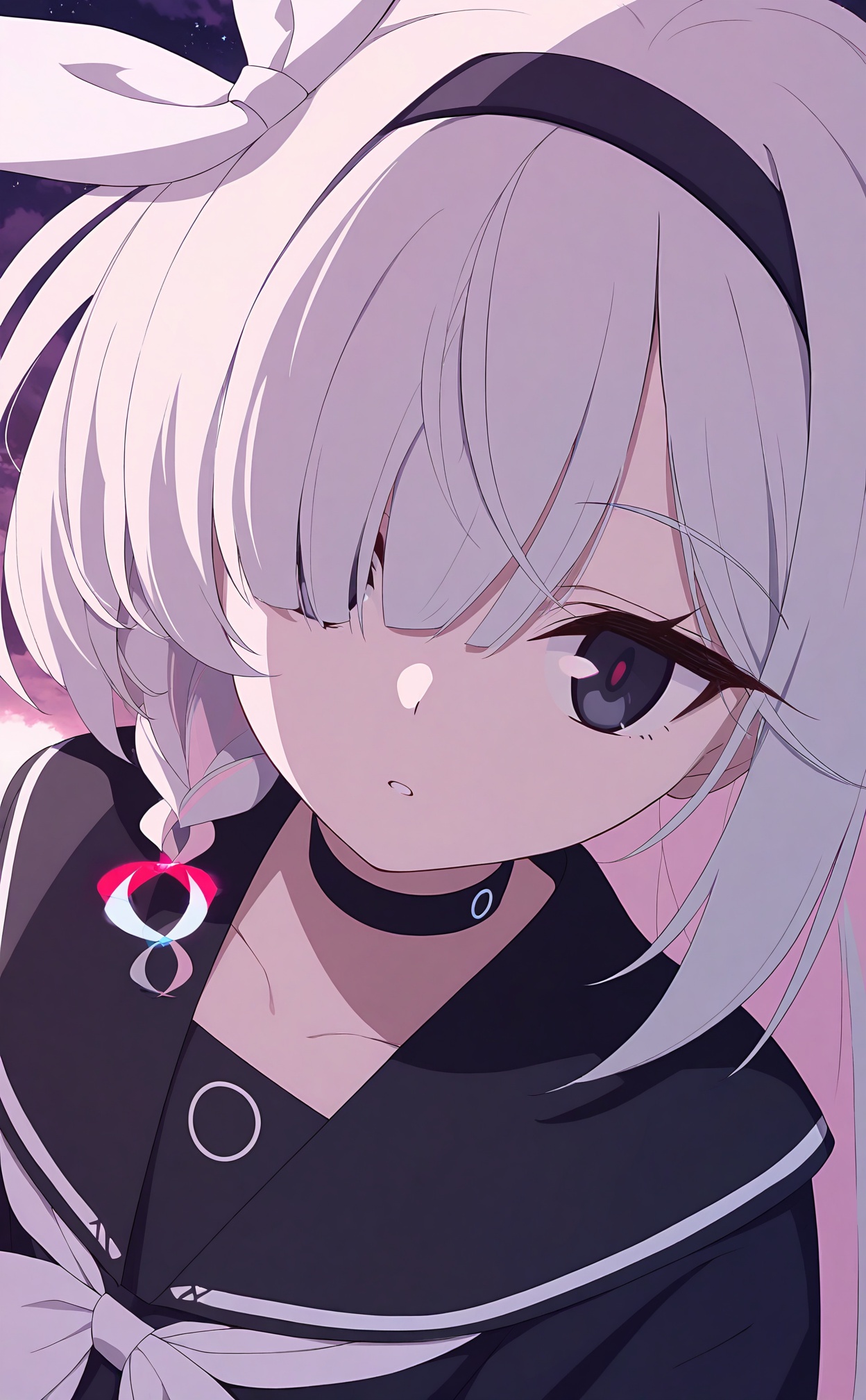 masterpiece,best quality,high quality,loli,1girl,plana (blue archive),solo,sky,hairband,hair over one eye,choker,black hairband,black eyes,long hair,colored inner hair,black choker,sailor collar,multicolored hair,braid,black sailor collar,star (sky),pink hair,serafuku,school uniform,red pupils,single braid,cloud,white hair,starry sky,night sky,looking at viewer,white ribbon,night,parted lips,portrait,cloudy sky,outdoors,side braid,white bow,ribbon,two-tone hair,black serafuku,grey hair,collarbone,hair ribbon,//,<lora:BA——【noob】hans:1>,
