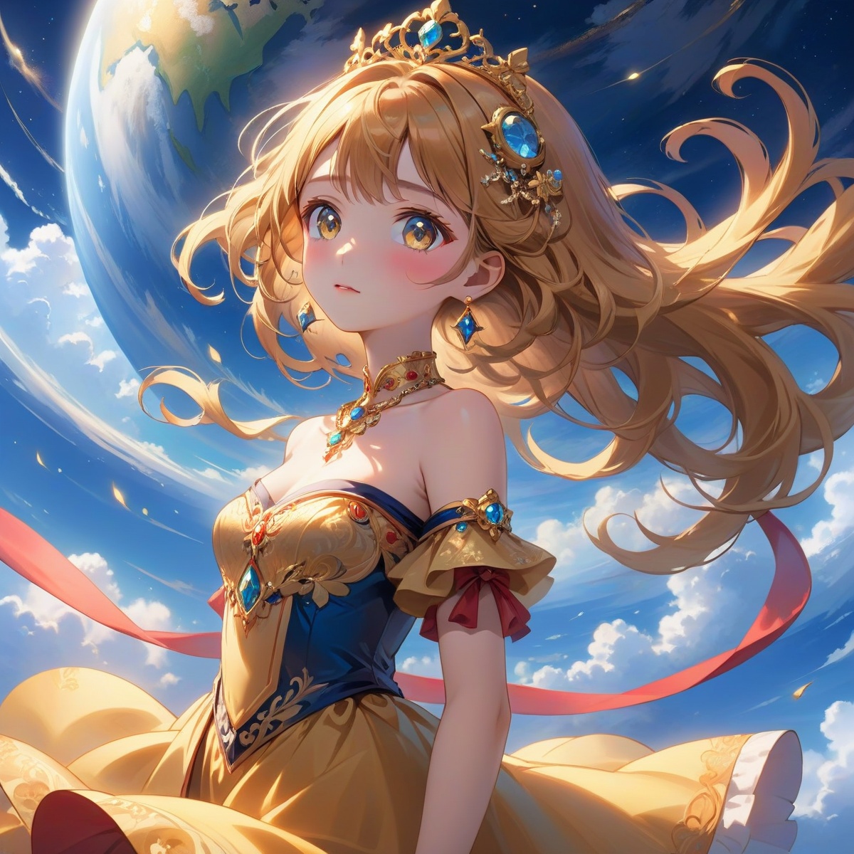world masterpiece theater,((best quality)),depth of field,((illustration)),(1 girl),anime face,medium_breast,floating,beautiful detailed sky,looking_at_viewers,an detailed organdie dress,very_close_to_viewers,bare_shoulder,golden_bracelet,foc,