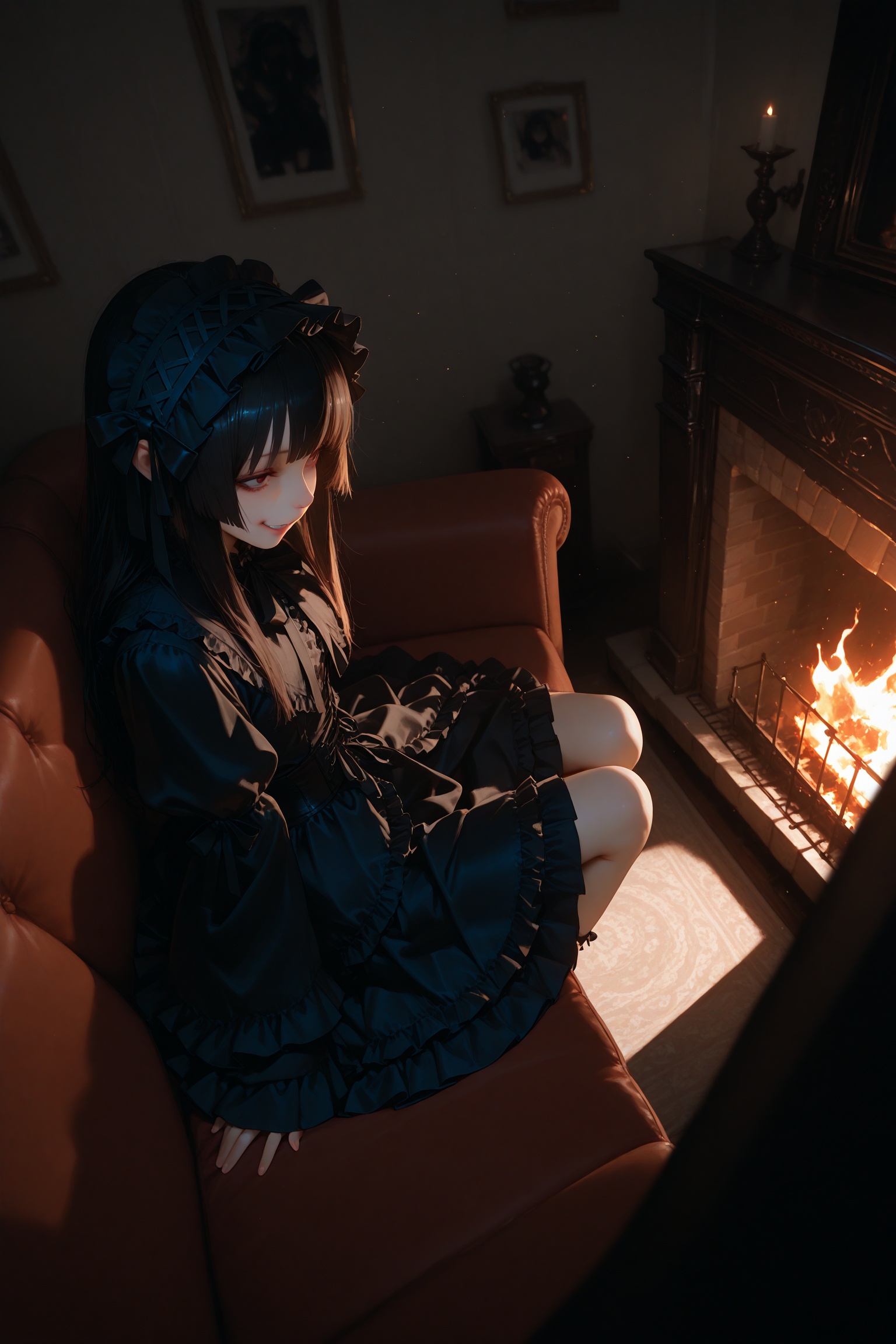 masterpiece,best quality,amazing quality,very aesthetic,absurdres,newest,extreme aesthetic,in the style of fashion photography,light particles,cinematic lighting,Visual impact,sharp focus,Emotionalization,depth of field,dutch angle,scenery,1girl,gui_zhong,Gothic Lolita skirt,sitting on the sofa,looking down on the corner,evil smile,hands,from_above,from_side,fireplace,fire against the girl,perfect light and shadow,complex shadows,ray tracing,