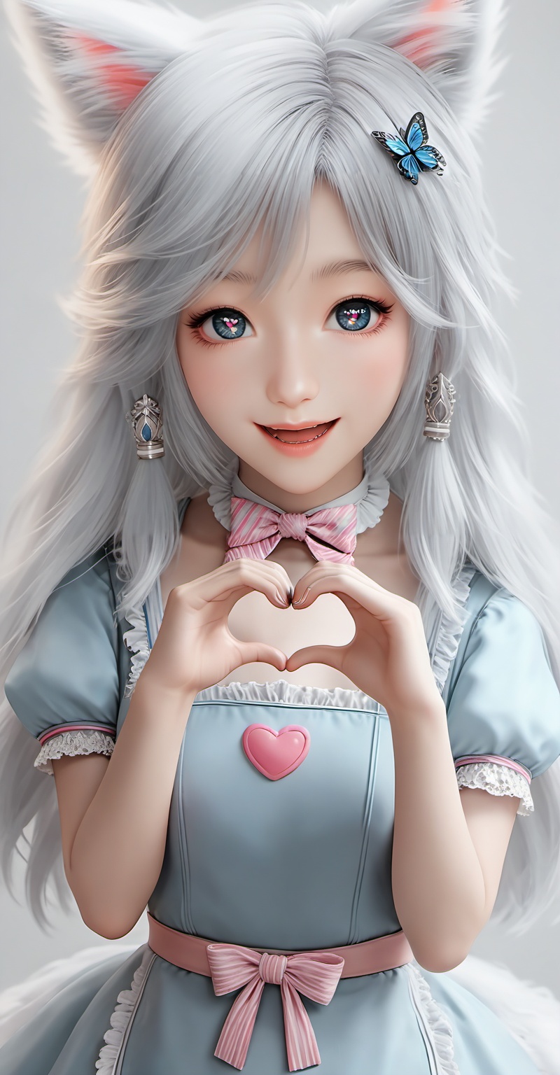 Close-up details,outstanding style,adding a touch of dimension to your images without compromising details,<lora:银月XL:0.8>,yinyue,white hair,fake animal ears,fox_ears,blue eyes,fair_skin,long hair,jewelry,earrings,1girl,solo,bandaid on hand,butterfly hair ornament,heart,long hair,apron,open mouth,pink bowtie,hair ornament,white background,pink bow,short sleeves,dress,simple background,bow,striped bow,hair between eyes,shadow,puffy sleeves,frills,puffy short sleeves,heart hands,bowtie,hands up,grey apron,smile,looking at viewer,striped bowtie,symbol-shaped pupils,heart-shaped pupils,symbol in eye,grey bow,whirls of vapor,iridescent textures,(Anime:1.1),soft neon light,ethereal ambiance,delicate details,magical atmosphere,concept art,highly detailed,ultra-high resolution,32K UHD,sharp focus,best-quality,masterpiece,golden hour,unconventional supreme masterpiece,masterful details,temperate atmosphere,in the style of fashion photography,cover,Dynamic Angle,with a high-end texture,Dynamic posture,