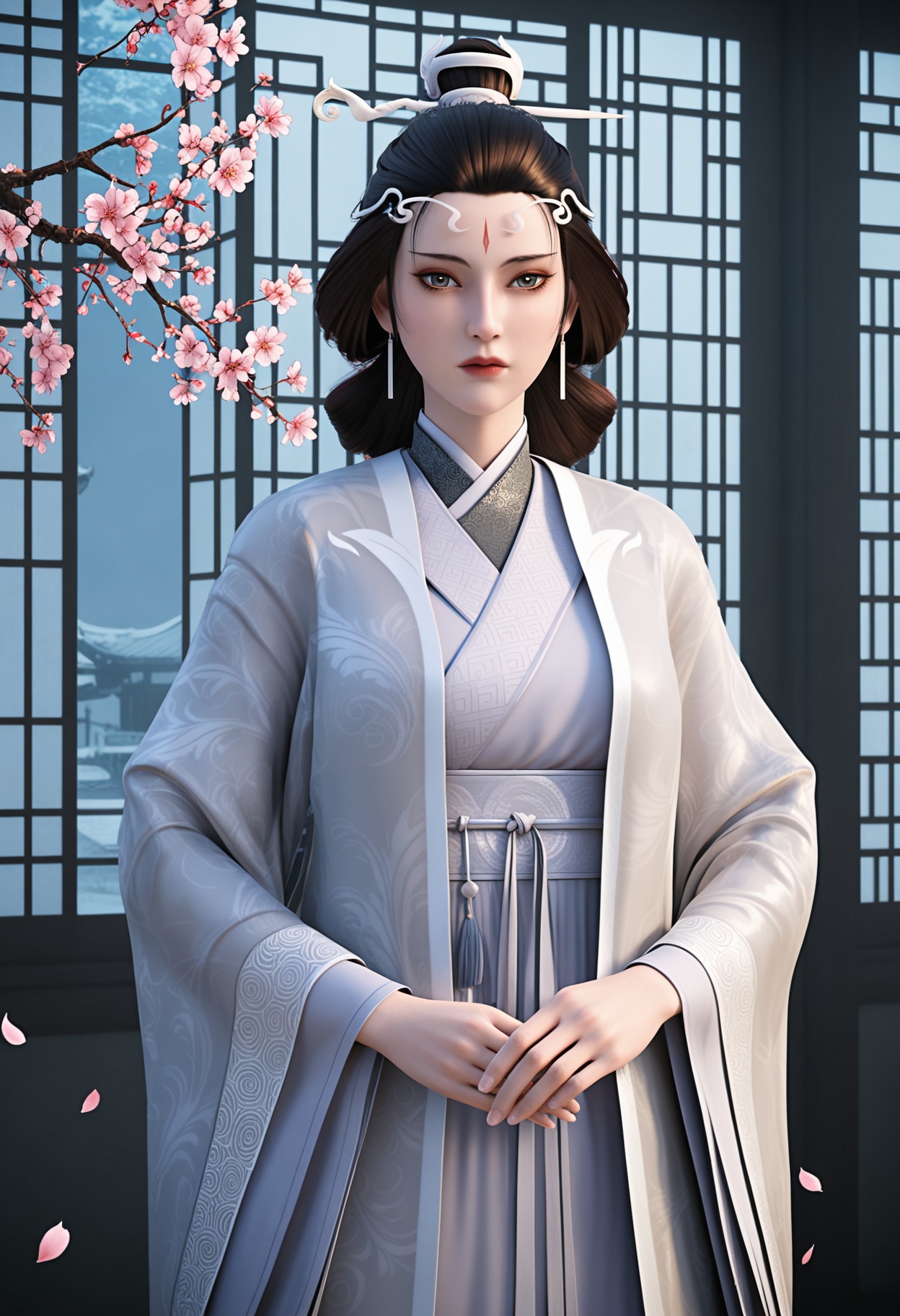 (cowboy shot:1.2),(looking at viewer:1.1),masterpiece,(best quality),smog,Dark room,dim lighting,peach blossom,falling petals,<lora:YQ_Illustrious光辉v5_水月_V1:0.8>,q1528437228,solo,1girl,black hair,jewelry,earrings,chinese clothes,facial mark,hair ornament,forehead mark,hanfu,long sleeves,makeup,wide sleeves,hair bun,hair stick,long hair,red lips,updo,japanese clothes,black eyes,blue eyes,robe,brown eyes,brown hair,kimono,sash,grey eyes,korean clothes,single hair bun,