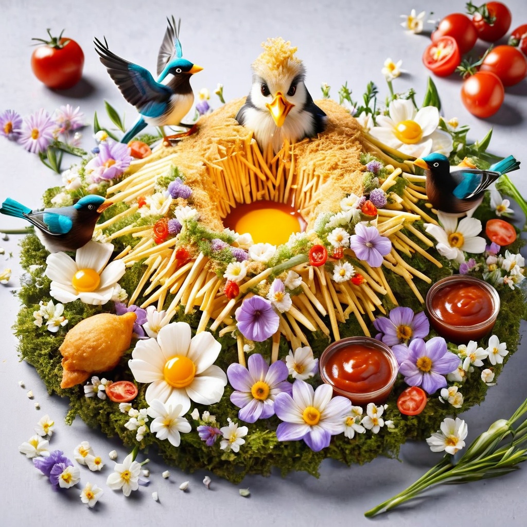 birds feeding chicks ketchup in a nest made of french fries, french fries nest,poakl flower style,<lora:poaklflowerstyle-000009:1.0>,