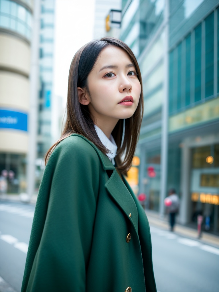 1girl, realistic, photorealistic, outdoors, black hair, solo, long hair, coat, lips, asian, day, blurry, street, green coat, black eyes, blurry background, city, real world location, looking at viewer, sleeves past wrists, sky, building, car, tokyo \(city\), nose, long sleeves, road, sweater