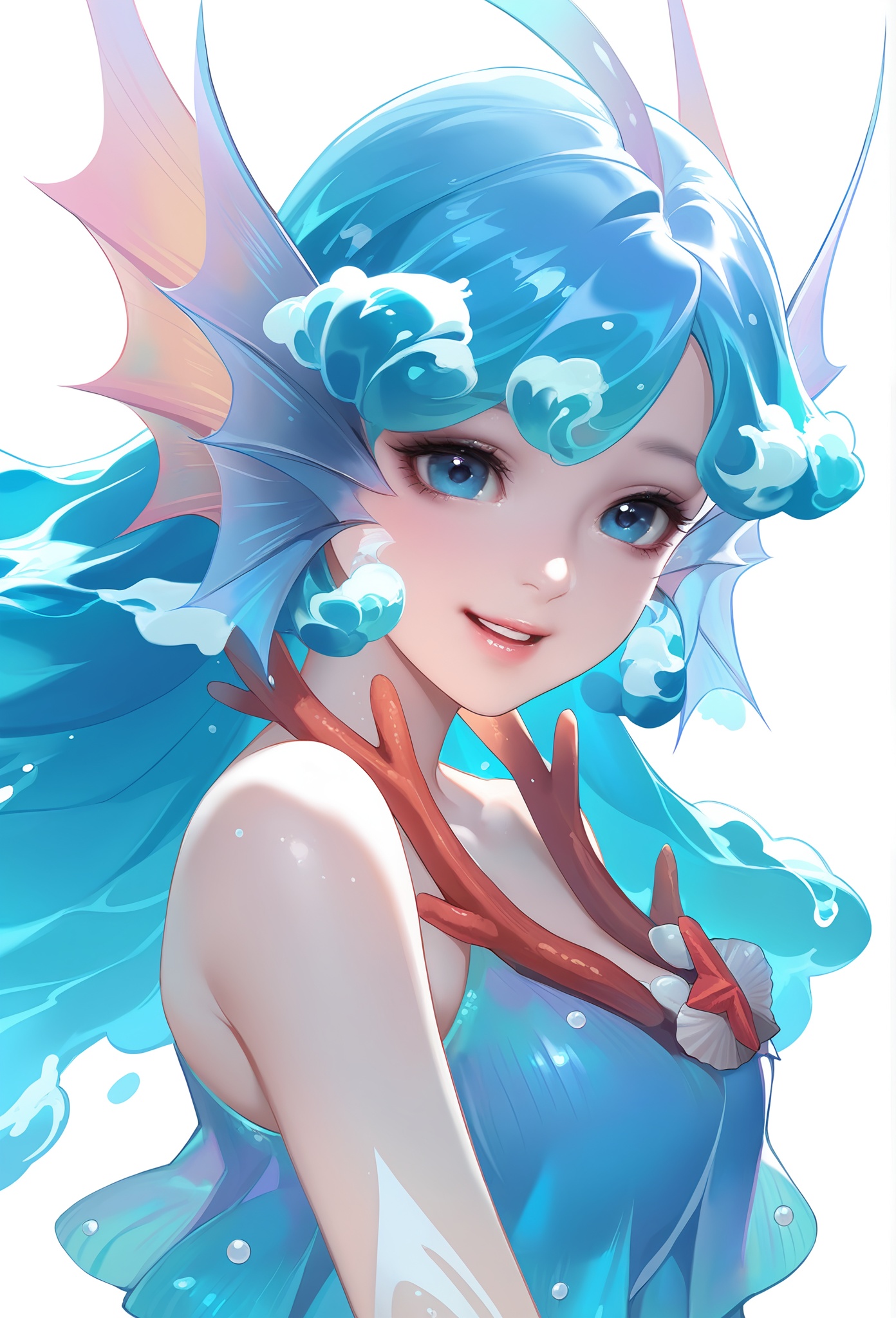 Kuze\(dly\)\(wzry\),white background,simple background,masterpiece,best quality,amazing quality,(realistic:1.2),1girl,solo,mature female,upper body,front view,look at viewer,mermaid,blue hair,blue eyes,blue dress,pearl on dress,starfish on dress,seaweed on dress,shell on dress,gradient elbow gloves with fin,fin ears,