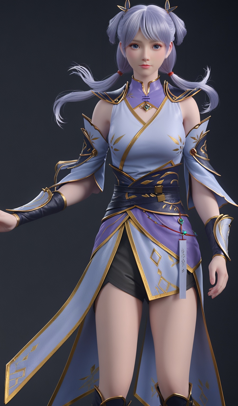 <lora:YQponyhanxueV2:0.8>,q1528437228,solo,1girl,long_hair,blue_eyes,hair_rings,detached_sleeves,realistic,armor,bangs,hair_ornament,twintails,grey_hair,sash,dress,blue_hair,boots,jewelry,skirt,black_footwear,purple_hair,white_hair,ponytail,hair_bun,low_twintails,sleeveless,belt,high_heels,black_shorts,chinese_clothes,gloves,pantyhose,purple_eyes,short_hair,BREAK score_9,upper_body,portrait,shiny_skin,looking at viewer,cinematic lighting,volumetric lighting,solo focus,(huge breasts:0.9),(simple background,pure black background,black background:1.1),