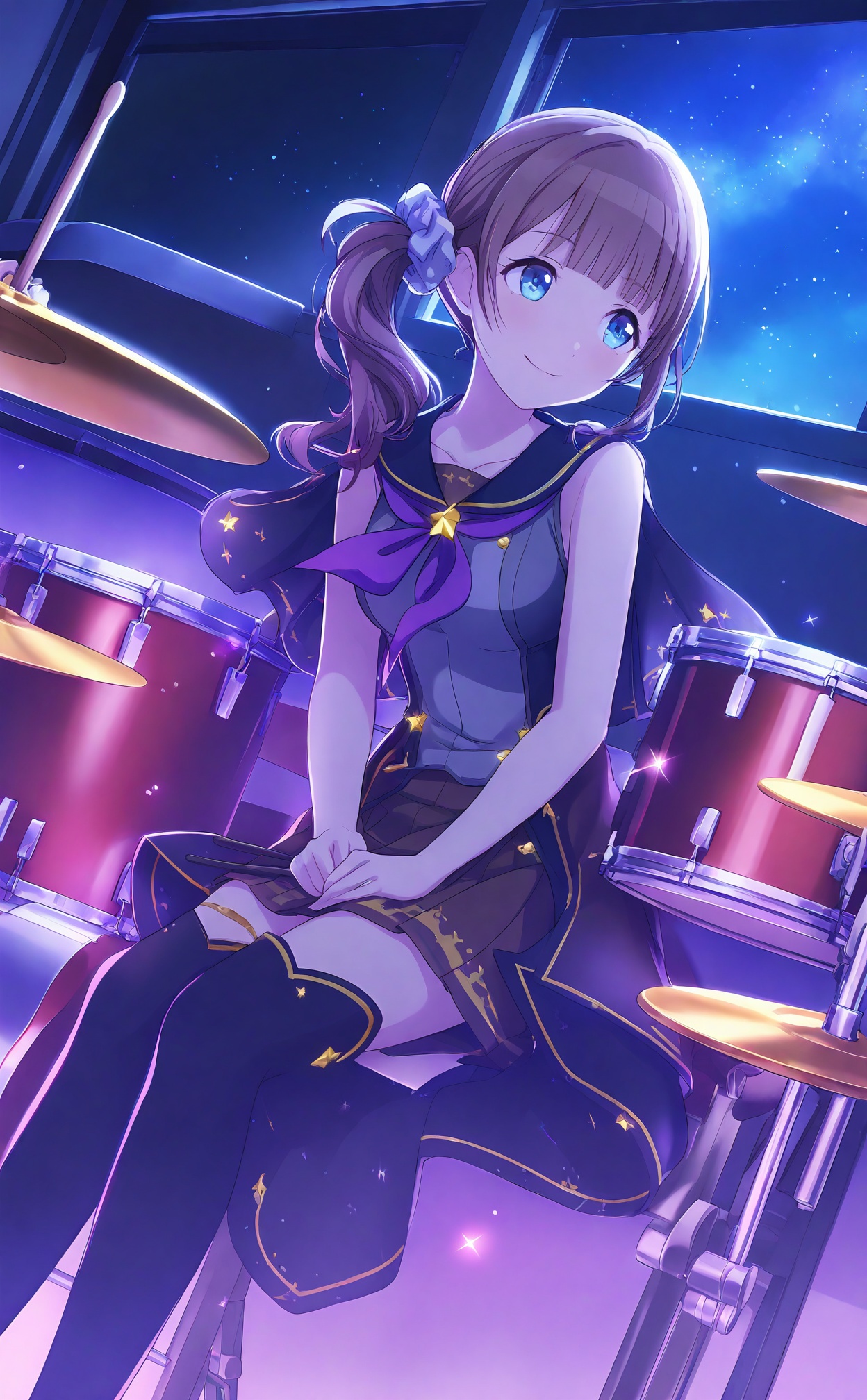 masterpiece,highres,absurdres,newest,best quality,high quality,chromatic_aberration,//,1girl, drumsticks, drum, holding_drumsticks, solo, window, star_\(symbol\), drum_set, smile, thighhighs, hair_ornament, capelet, sitting, bare_arms, sky, instrument, skirt, night, star_\(sky\), blue_eyes, blunt_bangs, star_hair_ornament, boots, knees_together_feet_apart, scrunchie, holding, starry_sky, collarbone, open_window, zettai_ryouiki, brown_skirt, dot_nose, closed_mouth, pleated_skirt, night_sky, brown_hair, hair_scrunchie, star_print, feet_out_of_frame, gold_trim, sleeveless, own_hands_together, twintails, looking_afar, hands_on_lap, ribbon, waist_cape, thigh_boots, purple_capelet, breasts, blue_capelet, looking_to_the_side, indoors, floating_hair, side_ponytail, purple_theme, long_hair, high_collar, shirt, black_capelet, head_tilt, dutch_angle, light_blush, medium_breasts, black_thighhighs, light_smile, purple_neckerchief, official_alternate_hairstyle, hair_ribbon, leaning_to_the_side, sparkle_print, frills, holding_instrument, single_horizontal_stripe, black_footwear, wavy_hair, official_alternate_costume, star_brooch//,<lora:PJSKcg925——【NOOB】hans:0.8>,