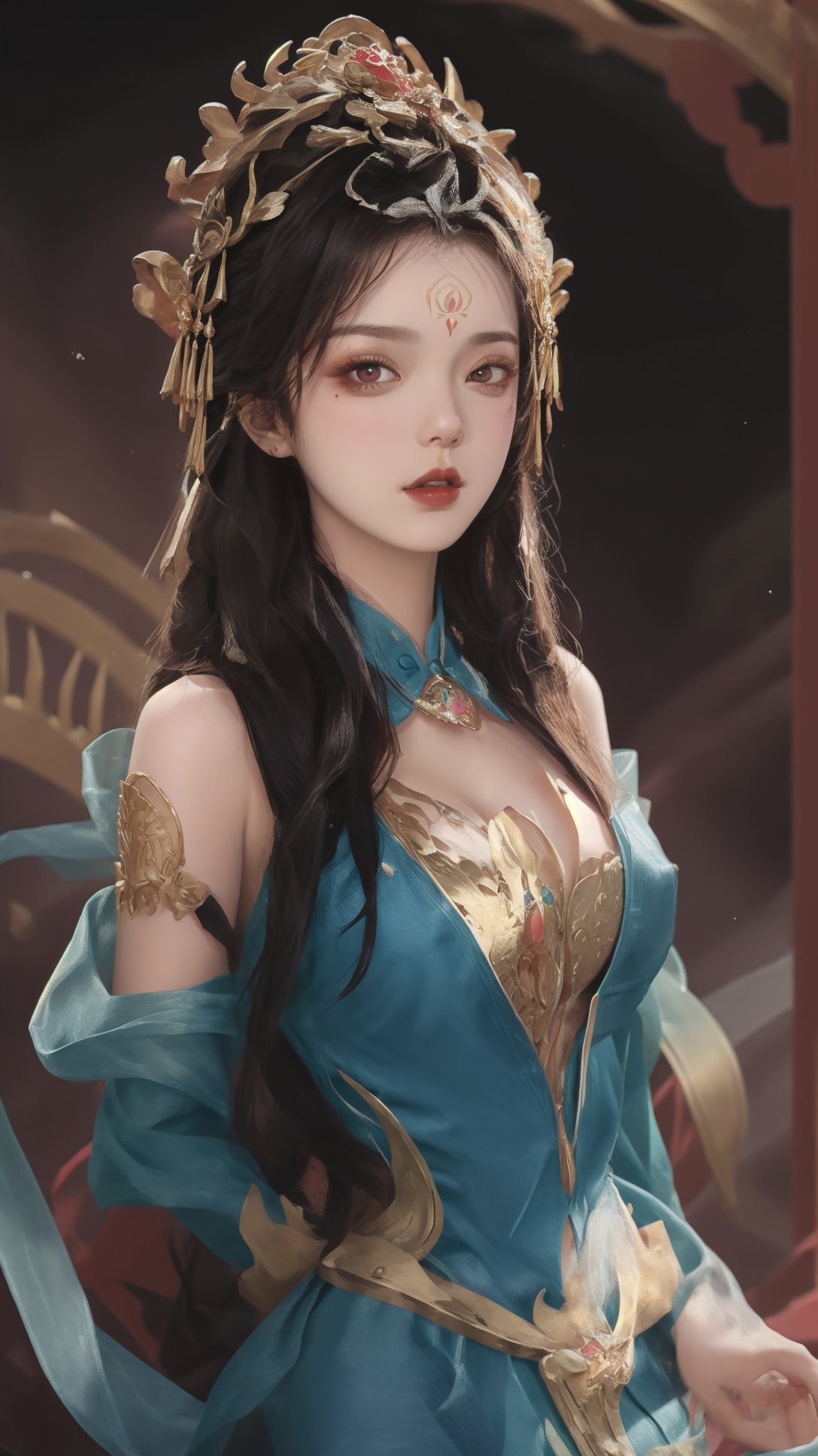(1girl),smooth chin,masterpiece,detailed face,((hair ornament:1.2)),top quality,4k,make up,best quality,large breasts,(looking at viewer),red ribbon,dress,arms behind back,(wariza),shawl,detached sleeves,chinese building,forehead mark,golden hair ornament,<lora:王者杨玉环原皮_v1.1:0.7>,
