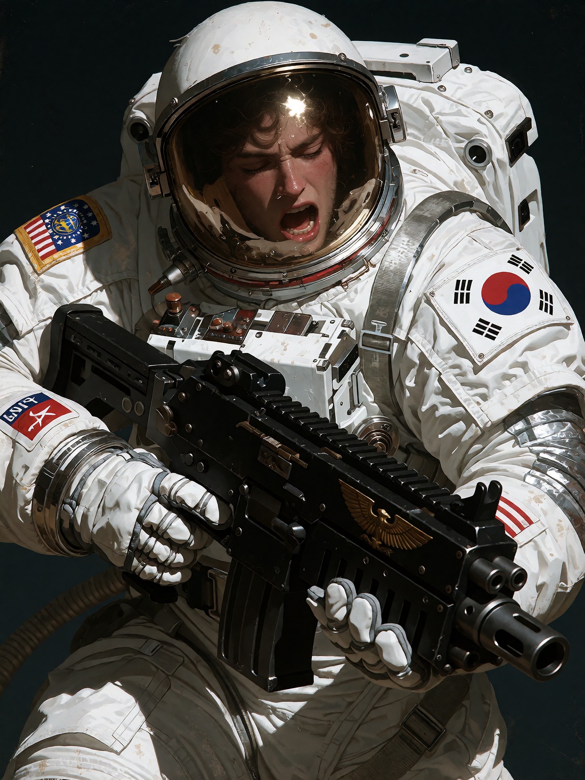 Make a astronaut wearing white spacesuit and a South Korean flag patch hold a bolter gun from warhammer40K. The astronaut...