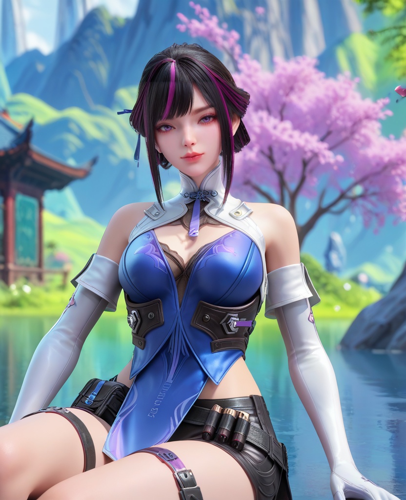 (oriental architecture, elegant decor, sophisticated style:1.1),(Sitting with legs crossed and hands on the ground behind:1.1),(breasts:1.2),<lora:XL16穿越火线虹儿潜伏者:0.95>,miss honger,blue corset,black lace bra,purple eyes,half updo with sidelocks,black hair,streaked hair,white glove sleeves,white collar,sash,black shorts,blue pelvic curtain,thigh strap,, score_9,score_8_up,score_7_up,score_6_up,score_5_up,score_4_up,3d rendering,tag1,tag2, Cinematic Lighting,backlighting,, zPDXL3, zPDXL2,zPDXL, zPDXLxxx, zPDXLrl,