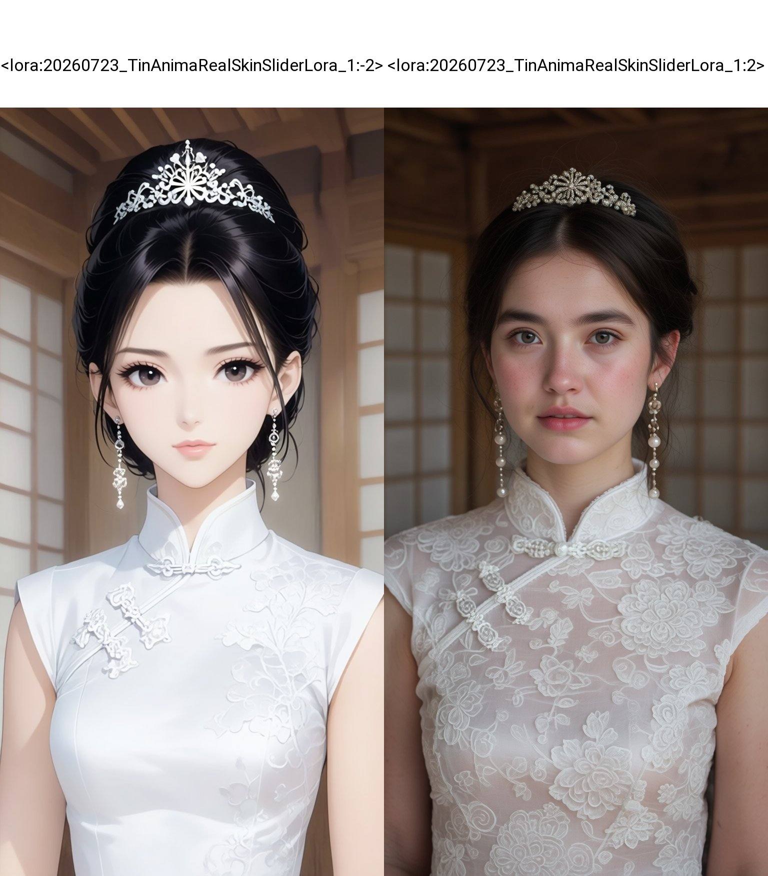 A Asian girl with fair skin,  wearing a traditional white Chinese cheongsam dress adorned with intricate lace detailing. S...