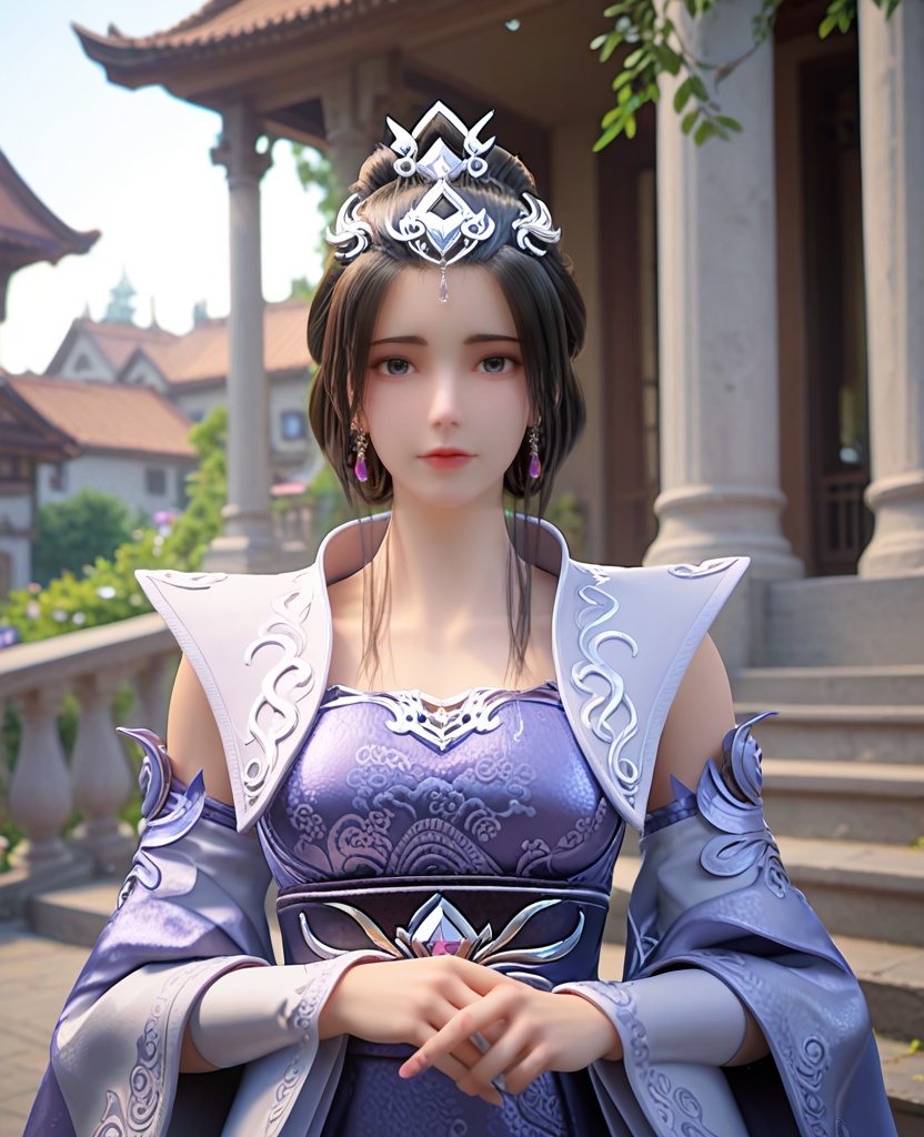 (oriental architecture, elegant decor, sophisticated style:1.1),Sitting on a step, gazing downward,(breasts:1.2),<lora:XL完美世界云梦岚>,miss yunmenglan,solo,blue dress,white vest,blue eyes,hair ornament,black hair,hanging hair,hair bun,earrings,sash,detached sleeves,lips,clothing patterns,, zPDXL2, score_9, score_8_up, score_7_up BREAK realistic, masterpiece,best quality, highly detailed,, zPDXL3, zPDXL2,zPDXL, zPDXLxxx, zPDXLrl,