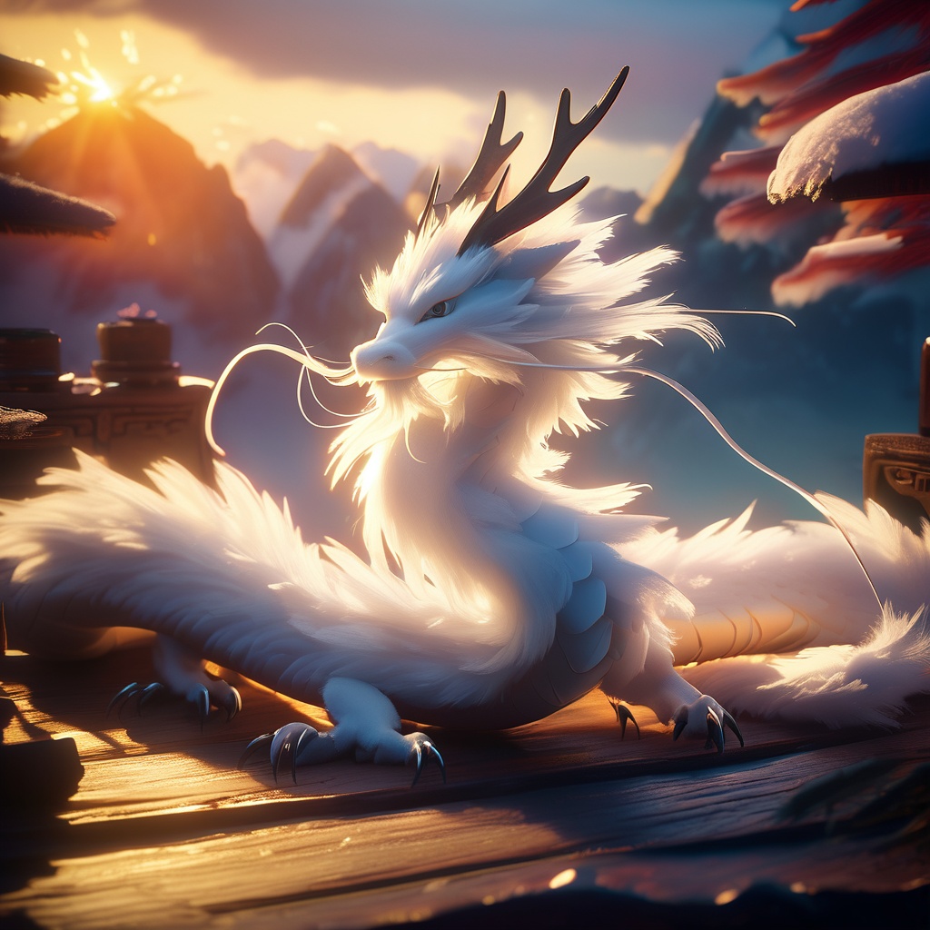 eastern dragon,soft lighting,white fur,antlers,whimsy and dramatic lighting,warm colors,cute,whiskers,sunset,eastern dragon focus,claws,<lora:shengxiao_xl:0.8>,