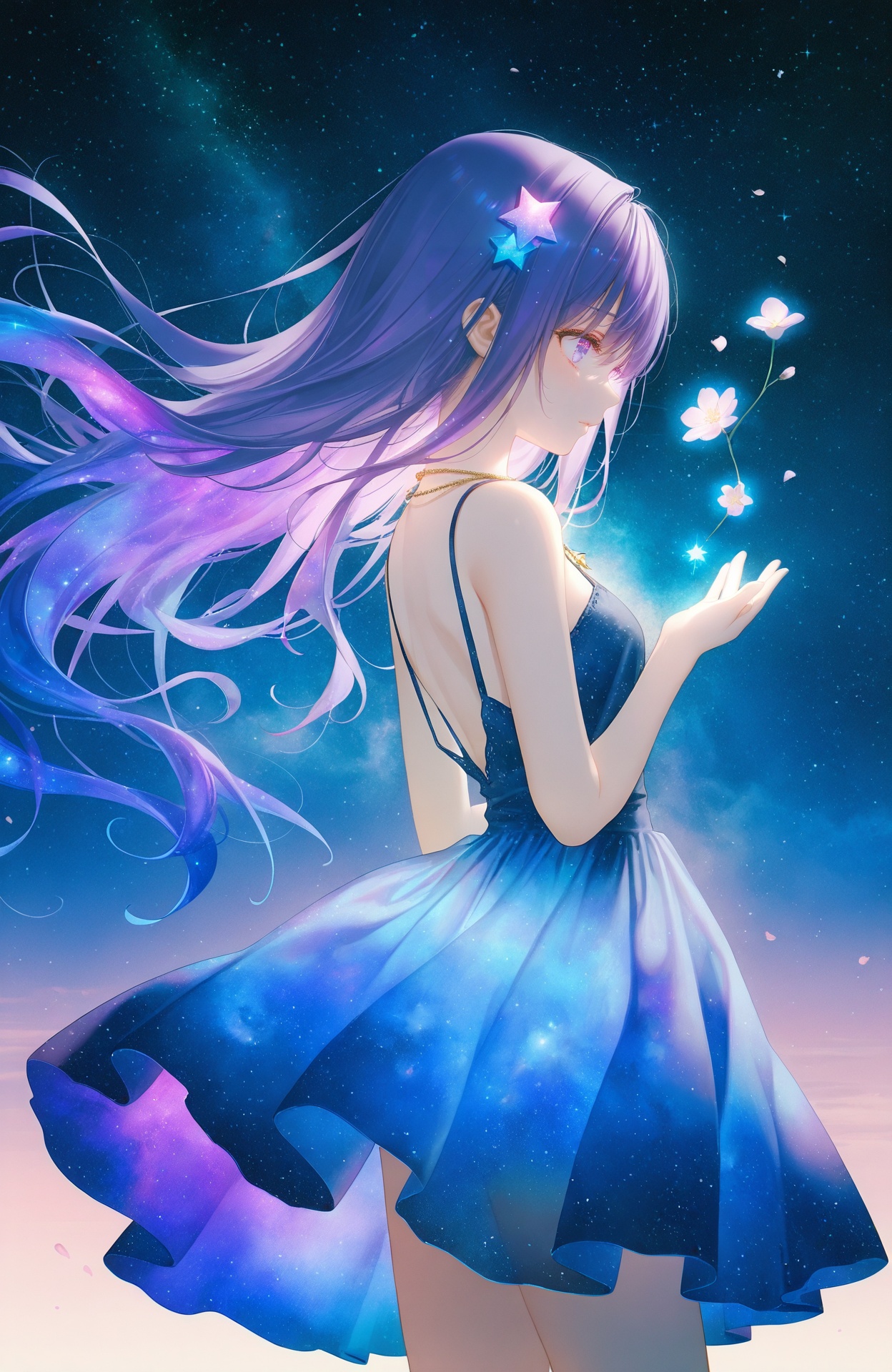 masterpiece,best quality,ultra-detailed,illustration,watercolor,color splashing,fluid abstract art,colorful,soft blending,ink diffusion,pigment flow,double exposure,girl and universe fusion,1girl,solo,cowboy shot,short purple hair,starry hair,liquid starry hair,star-shaped hair ornament,flowing hair,starry lace dress,tulle skirt,translucent fabric,jewelry necklace,from side,slight side angle,cute expression,starry sky background,galaxy,nebula,cosmic background,fantastic wind,dynamic flow,floating elements,light particles,glowing stars,sparkling effects,tree branches,flower blossoms,soft lighting,dreamy lighting,volumetric lighting,glow,light bloom,ethereal atmosphere,surreal,fantasy,//,photorealistic,Artist:na-ga,(quasarcake:0.2),(wanke:0.9),[Artist:chen bin],Artist:tidsean,[Artist:sk (askzy)],(artist:tokkyu:0.5),(artist:momoko \(momopoco\):0.5),himitsu_(hi_mi_tsu_2),