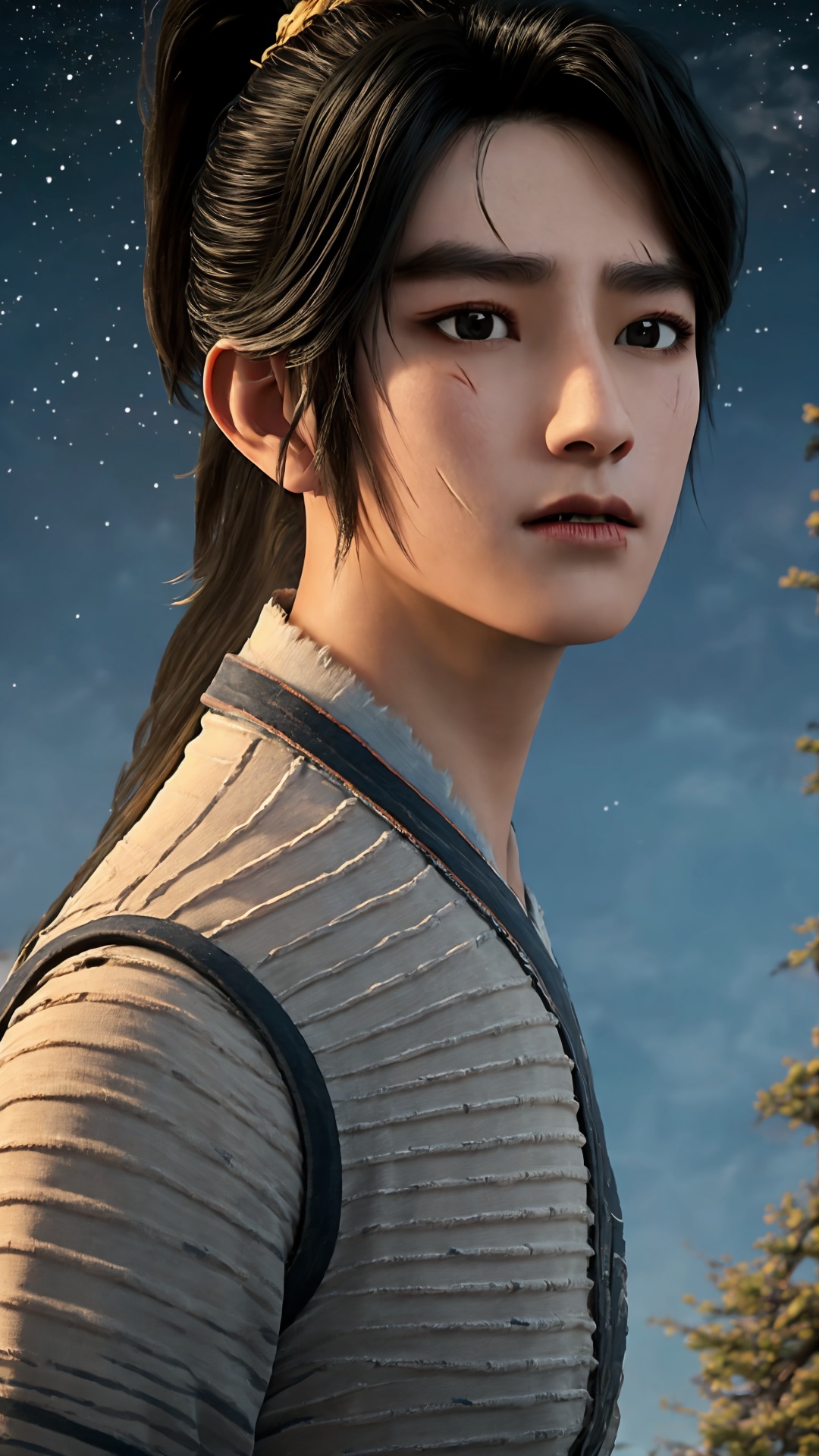 solo,black hair,looking at viewer,realistic,black eyes,lips,closed mouth,scar,short hair,ponytail,day,<lora:Chenpingan Boy_20240906021908:0.8>,1boy,<lora:20240601-1717253745719:0.7>,old,ponytail,<lora:hanfu_20231118200453:0.7>,upper_body,the top of the hill,starry sky,cumulus_fractus,