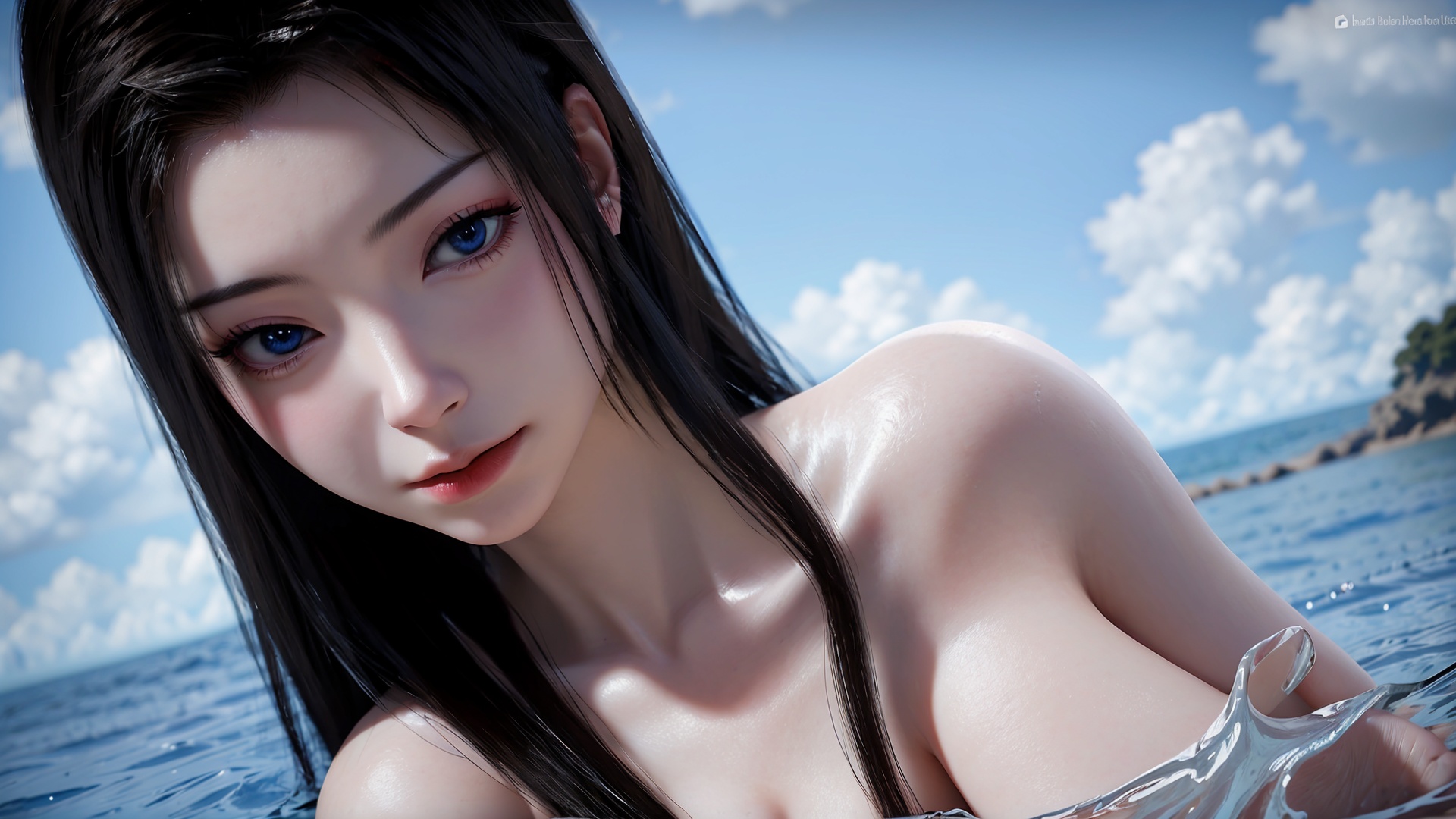 1girl,long hair,black hair,solo,blue eyes,water,artist name,closed mouth,lips,collarbone,nude,<lora:girl solo yuanyao_20240908025103:0.6>,incredibly absurdres,wallpaper,<lora:Gloss_Tweaker_V2:0.6>,<lora:粉色妆容强度调节滤镜:0.7>,