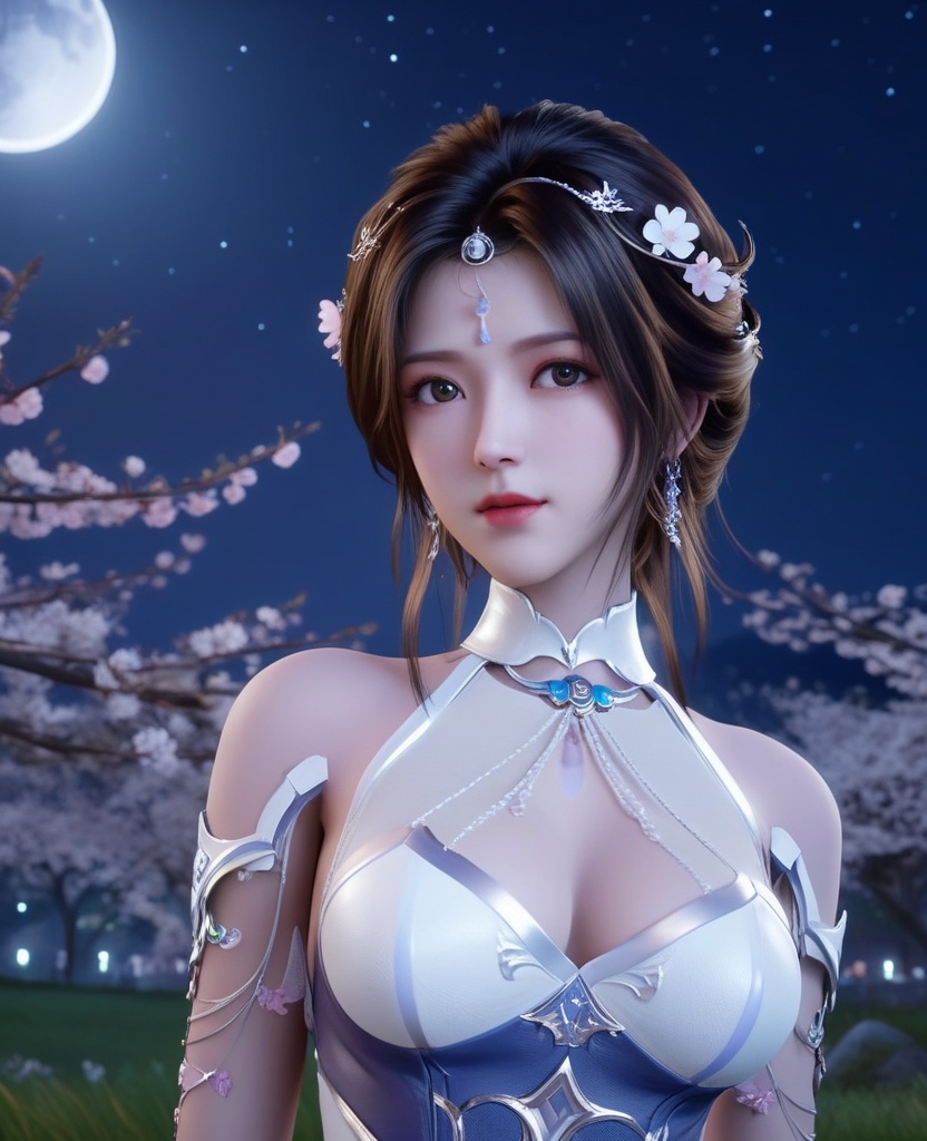 <lora:613-DA-XL-神印王座-白玥:0.8>(,1girl, ,best quality, ),looking at viewer,masterpiece,(( , )),, realistic,science fiction,mole,,ultra realistic 8k cg,     ,cherry blossoms,,night, night sky, crescent moon, moonlight,,(facing viewer, looking at viewer, , ),  (cleavage), (),