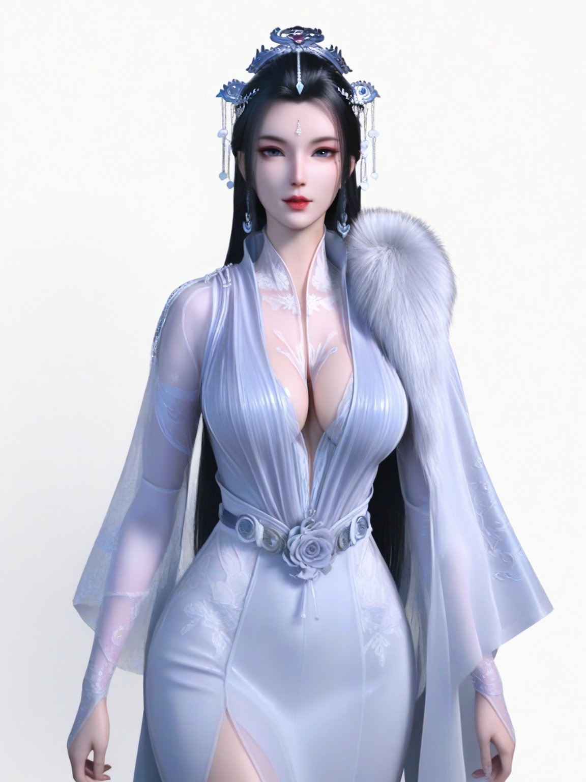 score_9,dress,black hair,long hair,hair ornament,forehead mark,1girl,breasts,large breasts,standing,solo,mole under eye,eyeshadow,fur,lipstick,white background, looking at viewer,cowboy_shot,<lora:SF_YueYao_Pony_Realism2.3-000003:0.7>,