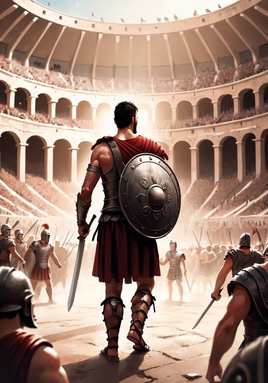 hires,  best quality,  Illustration of a Roman gladiator standing in the Colosseum on Tensor.Art