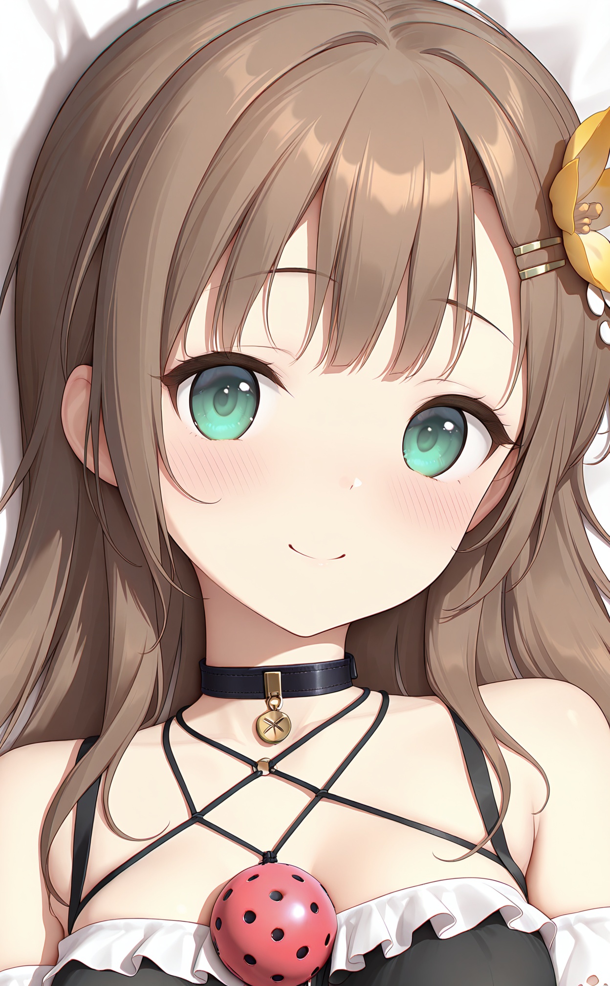 white_background,masterpiece,very aware,highres,absurdres,newest,best quality,high quality,chromatic_aberration,//,1girl, solo, smile, hair_ornament, long_hair, brown_hair, necklace, jewelry, looking_at_viewer, blush, lying, on_back, hair_flower, flower, green_eyes, ball_gag, collarbone, hairclip, bed_sheet, aqua_eyes, portrait, dakimakura_\(medium\), wiffle_gag, close-up, closed_mouth, upper_body, bare_shoulders//,//,absurdres,newest,very aesthetic,amazing quality,highres,sensitive,highres,ultra detailed,best anatomy,HDR,8K,high detail RAW color art,high contrast,//,<lora:himitsu——【noob】hans:1>,