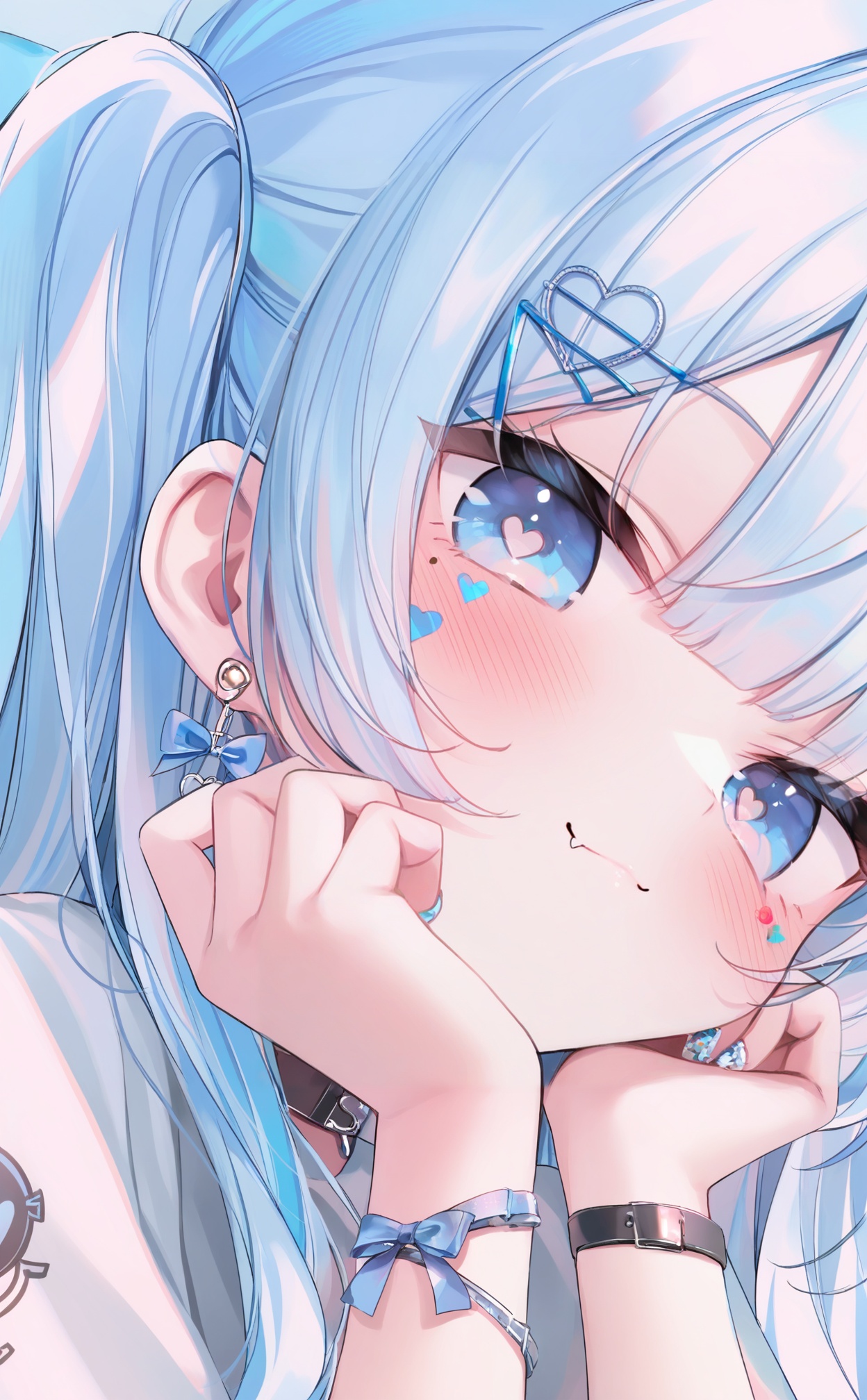 masterpiece,absurdres,best quality,loli,petite,high quality,chromatic_aberration,//,1girl,solo,blue eyes,hair ornament,skin fang,looking at viewer,blue hair,hairclip,portrait,nail art,jewelry,blue nails,fang,close-up,sticker on face,hands on own face,earrings,heart,nail polish,closed mouth,hands on own cheeks,bow,smile,heart facial mark,heart hair ornament,twitter username,heart in eye,bow earrings,blue theme,blue bow,hands up,symbol in eye,fang out,x hair ornament,diamond (shape),mole,star facial mark,artist name,mole under eye,eyelashes,blush,multiple hairpins,light blue hair,//,<lora:guizhencao3——【noob】hans:1>,