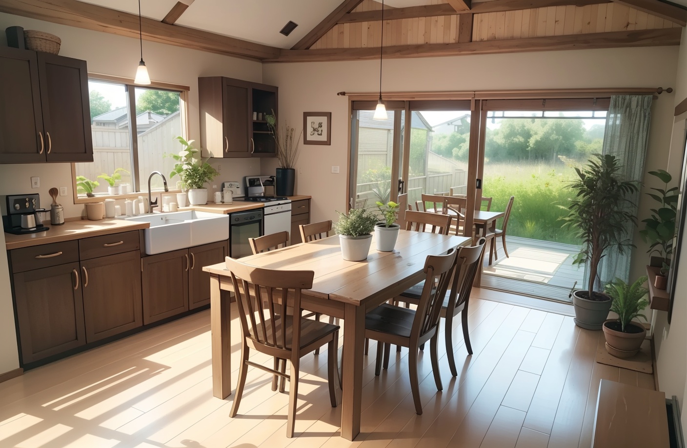 livingroom, jinchou, no humans, scenery, plant, kitchen, indoors, sink, table, shelf, potted plant, chair, stool, basket
