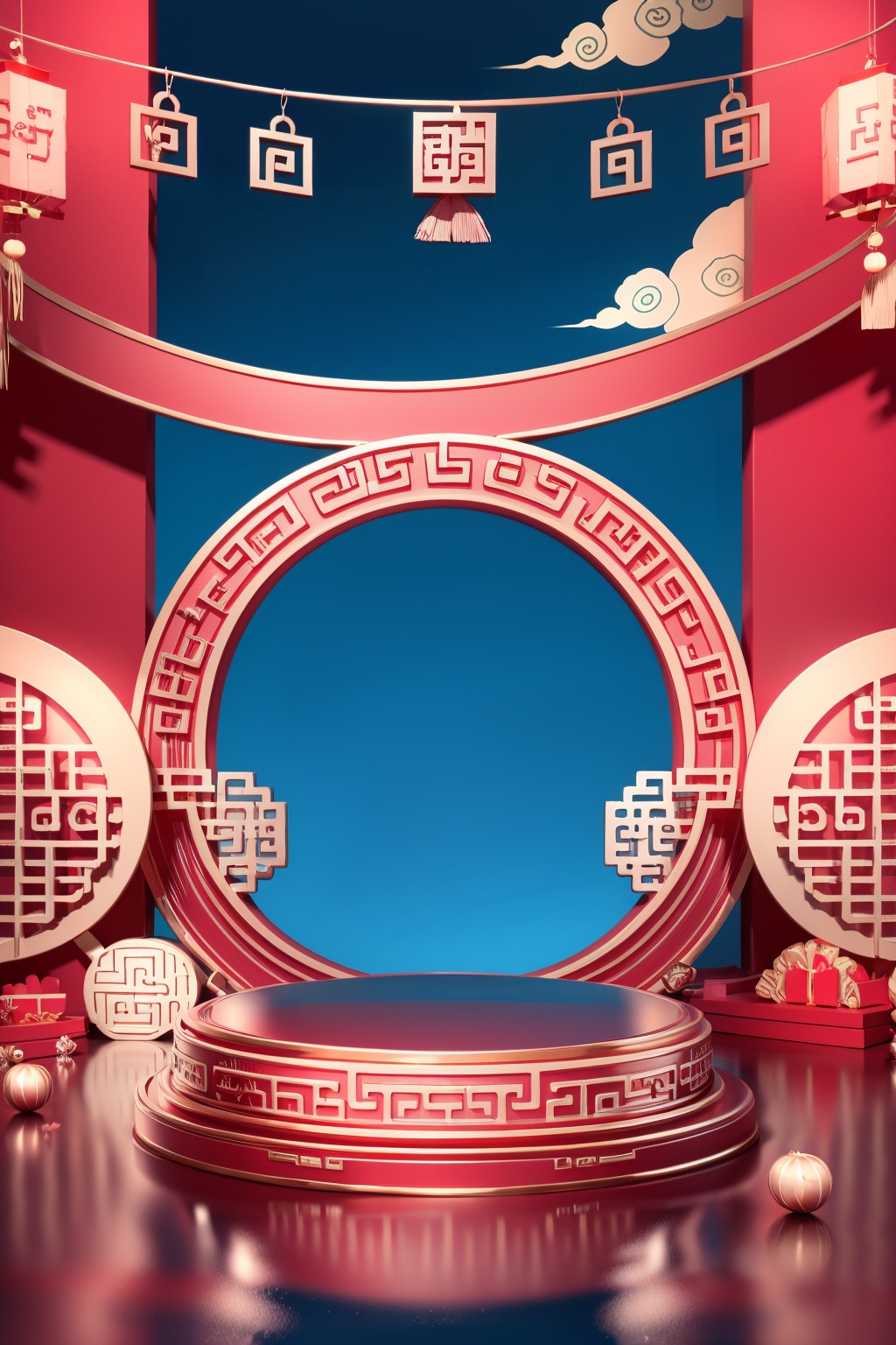masterpiece,best quality,CNY_stage,no humans,reflection,scenery,chinese new year
