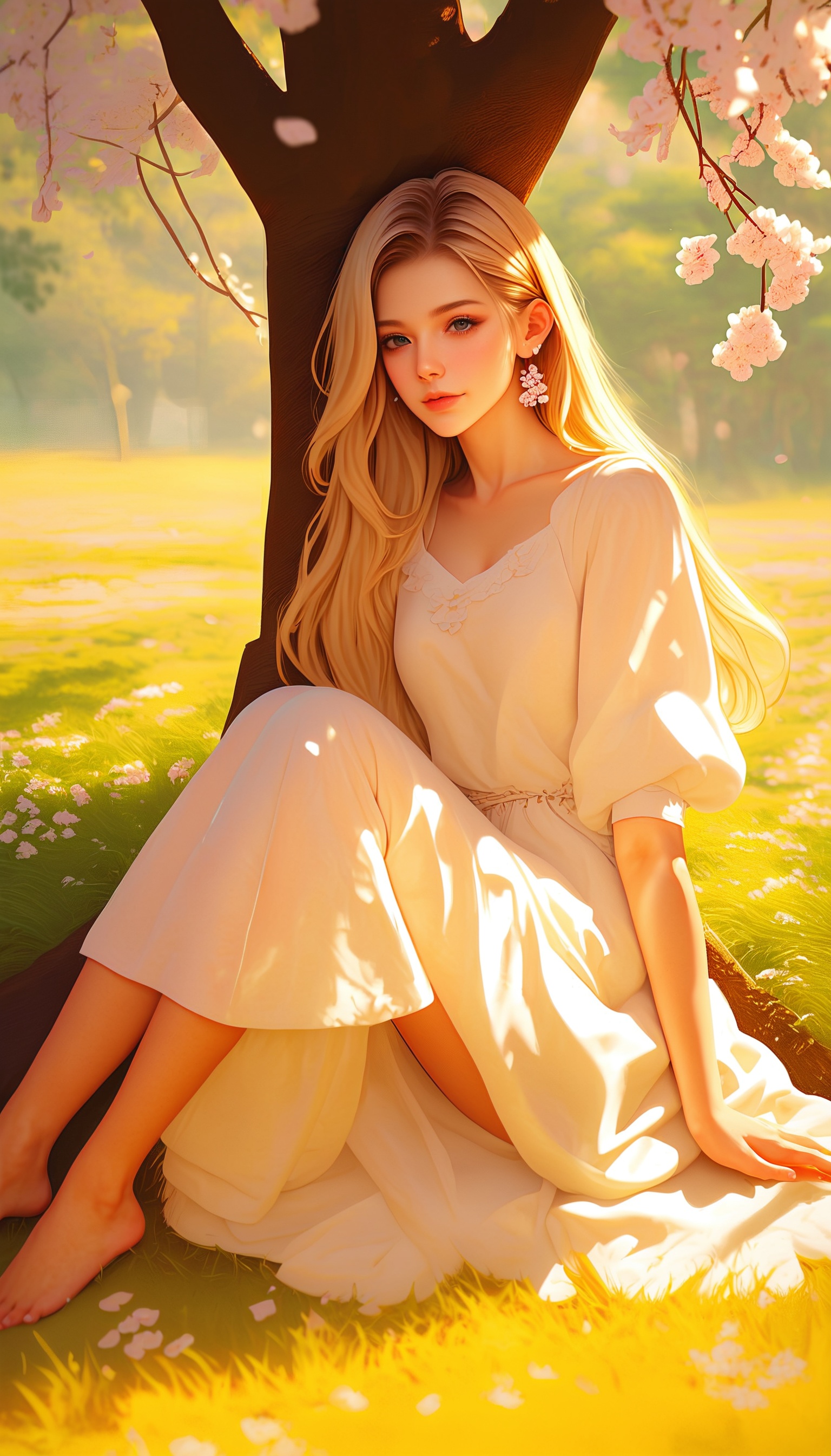 score_9,score_8_up,score_7,MAYE_X,The woman sits beside a large tree,with wavy golden hair. She is wearing a loose white dress,with her hands lightly placed on her knees. Her posture is very relaxed,as if she is contemplating or meditating. The surrounding environment is a sunny outdoor scene,with trees and grass showing vibrant green and yellow,and sunlight casting on her,creating a contrast of light and shadow. Blonde girl,white dress,under the tree,cherry blossoms falling,gentle breeze,fashion photography,soft tones,medium shot,natural light,defocus,elegance,