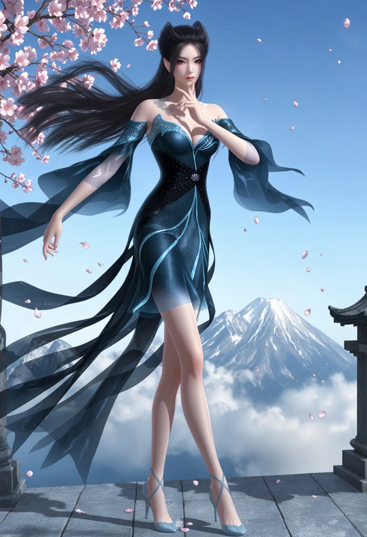 (upper_body:1.1),(looking_at_viewer:1.4),fantasy,dreamlike,Pastel Colors,hyper realistic,southeast asia,aestheticism,beautiful detailed sky,chinese mythology,wonderland,peach blossom,falling petals,smog,yunxia,dynamic pose,<lora:YQ_li光辉v5_焰灵姬蓝衣_V1:0.8>,1girl,solo,q1528437228,black_hair,long_hair,dress,bare_shoulders,score_9,breasts,blue_eyes,realistic,cleavage,hair_bun,detached_sleeves,jewelry,blue_dress,earrings,high_heels,black_dress,piercing,tattoo,ear_piercing,shoes,footwear,