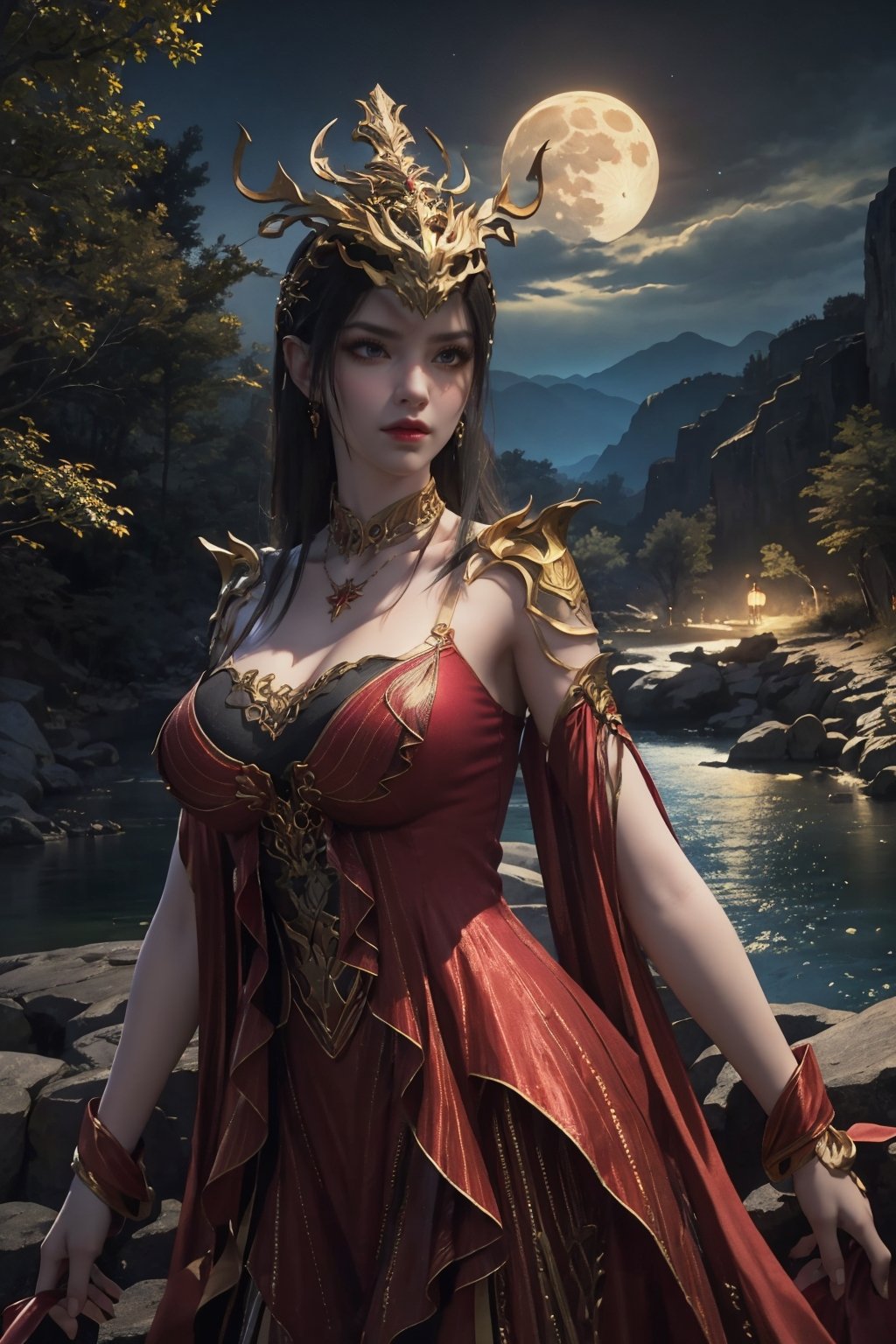 masterpiece,best quality,official art,extremely detailed CG unity 8k wallpaper,realistic,1girl,looking at viewer,headpiece,cowboy shot,arms at sides,dark background,canyon,river,moon,lotus,<lora:美杜莎v4:0.6>,