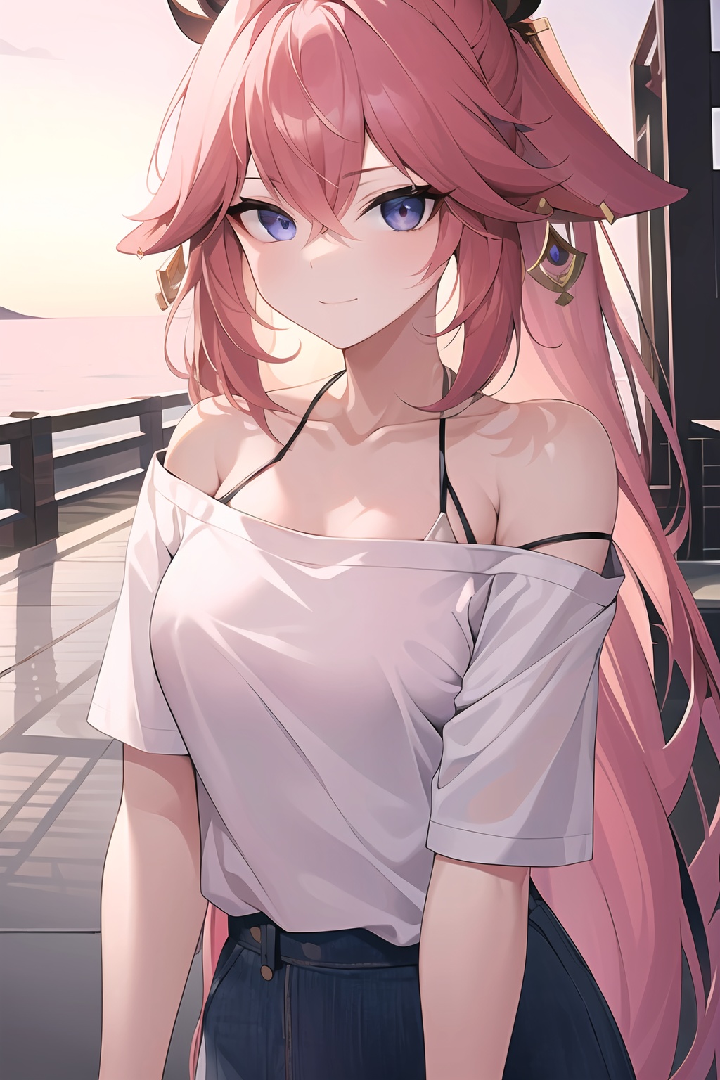 (masterpiece, best quality:1.2),insanely detailed,absurdres,ultra-highres,ultra-detailed,best quality,slender,kawaii,perfect symmetrical face,ultra cute girl,ultra cute face,ultra detailed eyes,ultra cute,ultra beautifu,<lora:Yae Miko-000008:0.8>,yae miko,1girl,solo,smug,hair ornament,earrings,shirt,white shirt,collarbone,short sleeves,t-shirt,off shoulder,oversized shirt,naked shirt,oversized clothes,outdoors,