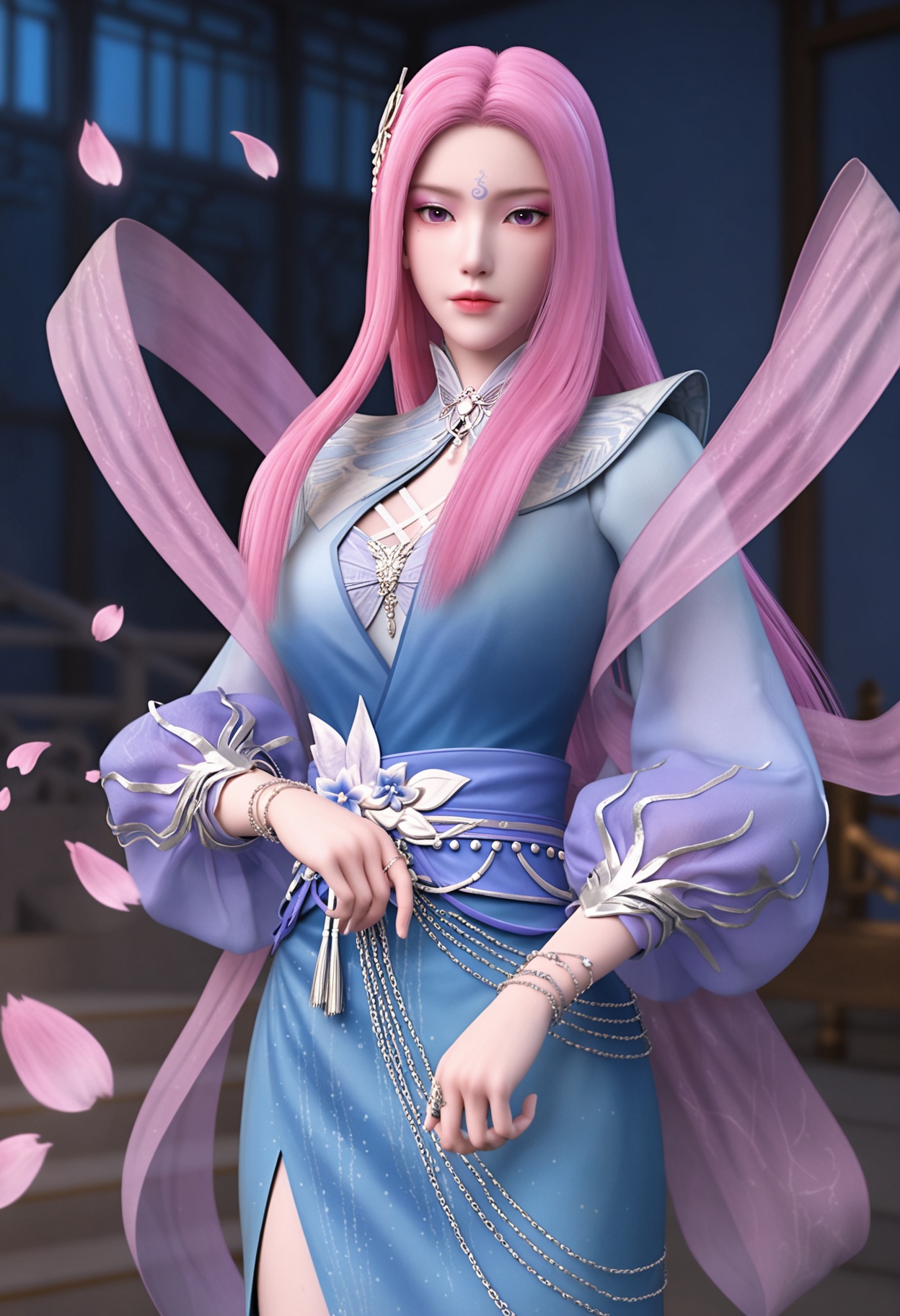 (standing full_body:1.1),looking at viewer:1.1,masterpiece,(best quality),smog,Dark room,dim lighting,peach blossom,falling petals,<lora:YQ_Illustrious光辉v5_玄月_V1:0.8>,q1528437228,1girl,long hair,pink hair,solo,forehead mark,dress,hair ornament,blue dress,jewelry,sash,purple eyes,bracelet,pink eyes,shawl,long sleeves,hagoromo,