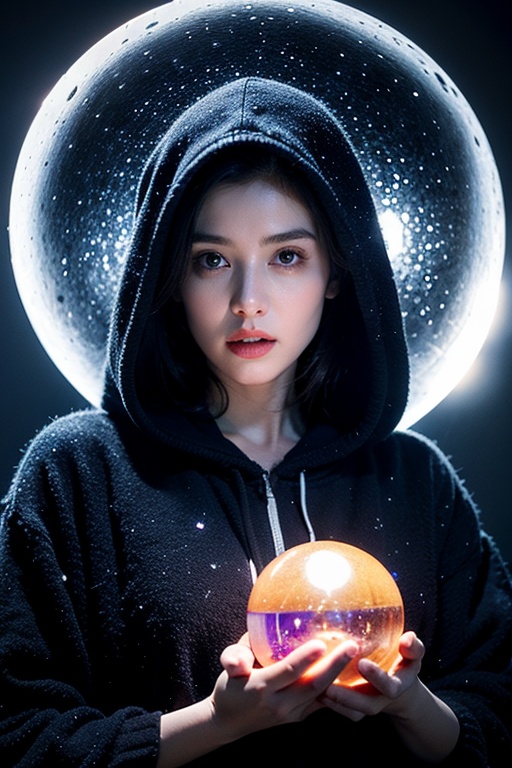 The image is a portrait of a woman wearing a white hooded cloak with intricate designs on itThe cloak is made of a sheer fabric with a high neckline and long sleevesThe woman's face is covered in blue glitter, giving her a mystical and ethereal appearanceShe is holding a crystal ball in her hands, which appears to be glowing with a blue lightThe background is black, making the woman and the crystal ball stand out even moreThe overall mood of the image is dark and mysterious.